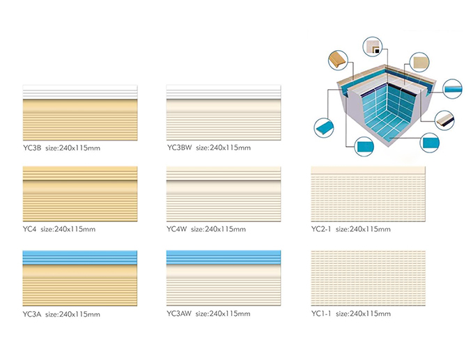 Versatile 240x115mm Striped and Textured Swimming Pool Tiles for Custom Pool Designs (Models: YC3B, YC3BW, YC4, YC4W, YC2 - 1, YC3A, YC3AW, YC1 - 1)