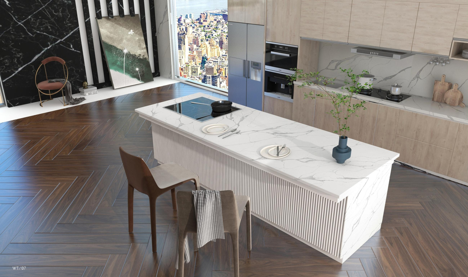 Elegant 3000x1400mm Quartz Stone Slab for High - End Kitchen Countertops TQ13-HB002-1