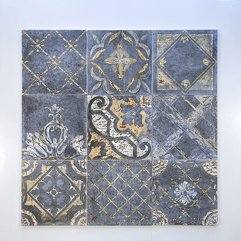 200x200mm Vintage Blue - Gold Patterned Gilded Ceramic Tiles XC206078
