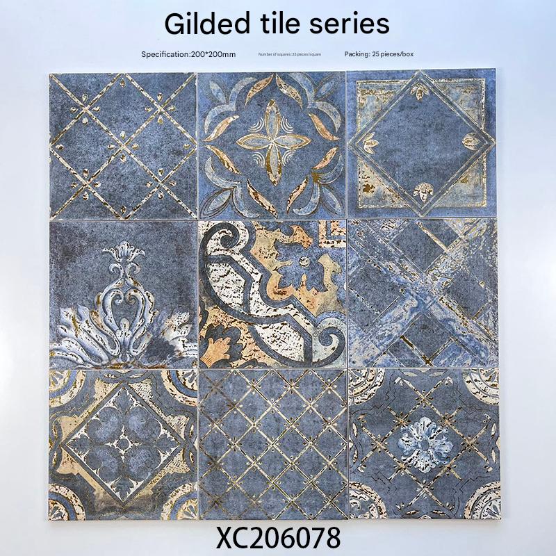 200x200mm Vintage Blue - Gold Patterned Gilded Ceramic Tiles XC206078