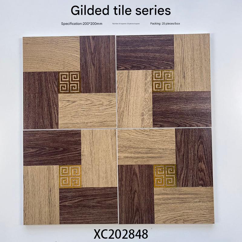 200x200mm Wood - Look Patchwork Gilded Ceramic Tiles with Geometric Accents - XC202848
