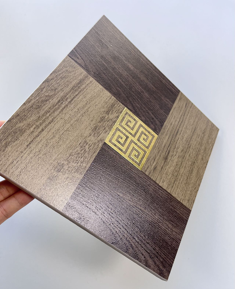 200x200mm Wood - Look Patchwork Gilded Ceramic Tiles with Geometric Accents - XC202848