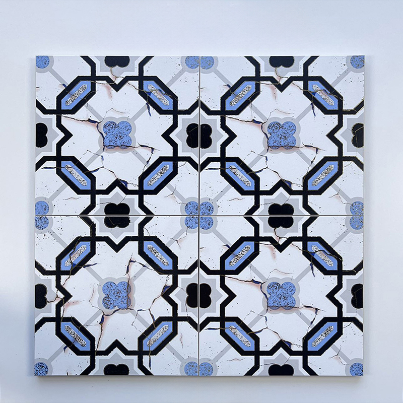 200x200mm Geometric Mosaic Gilded Ceramic Tiles with Blue Accents - XC202844