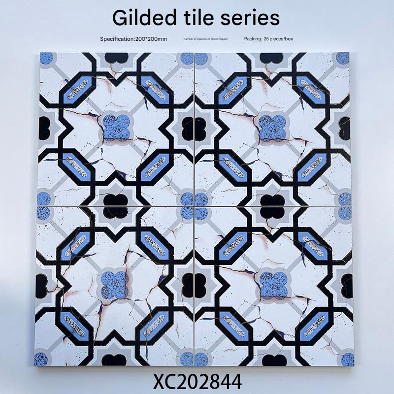 200x200mm Geometric Mosaic Gilded Ceramic Tiles with Blue Accents - XC202844