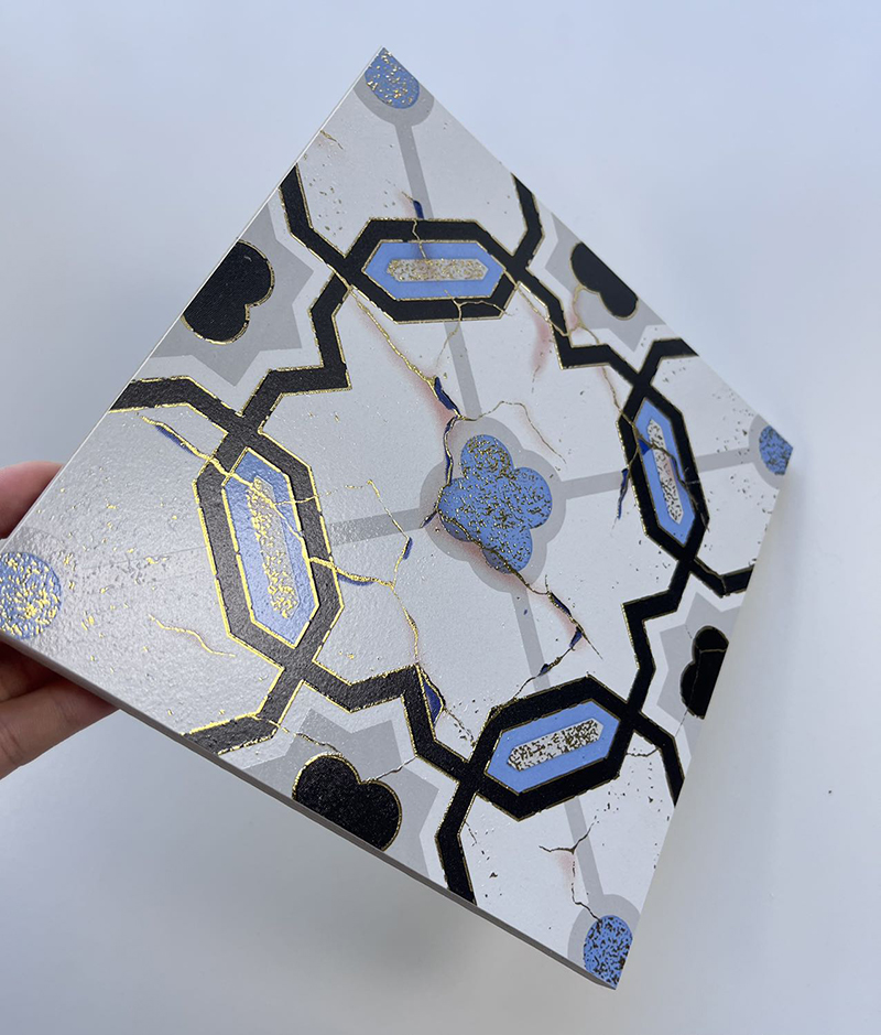 200x200mm Geometric Mosaic Gilded Ceramic Tiles with Blue Accents - XC202844