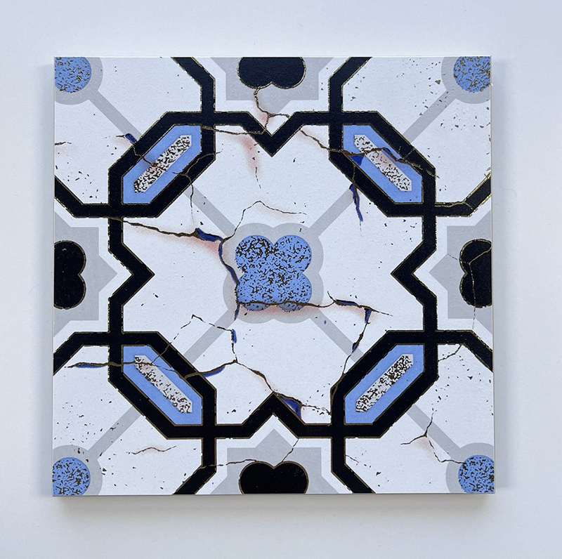200x200mm Geometric Mosaic Gilded Ceramic Tiles with Blue Accents - XC202844