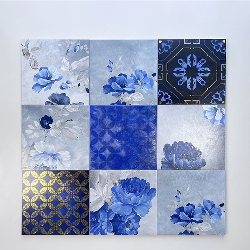 200x200mm Blue - Themed Floral & Geometric Gilded Ceramic Tiles - XC202527