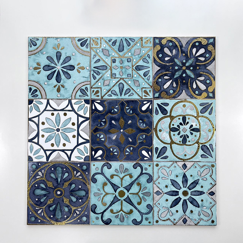 200x200mm Blue - Toned Floral Gilded Ceramic Tiles - XC202033