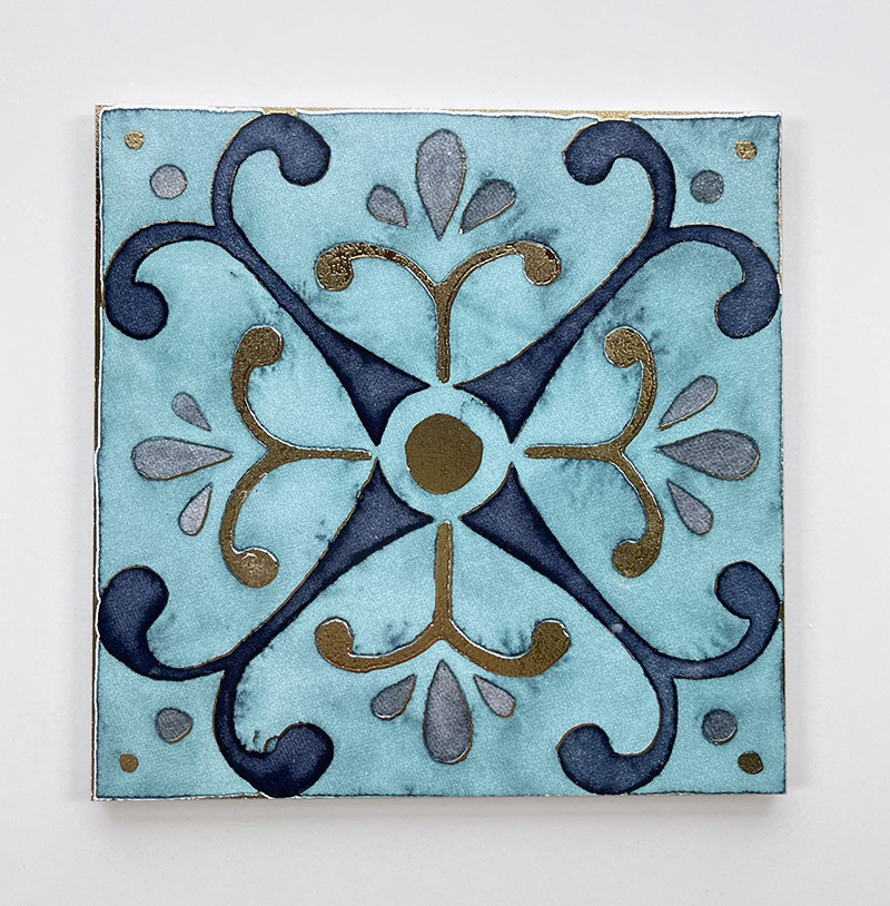 200x200mm Blue - Toned Floral Gilded Ceramic Tiles - XC202033