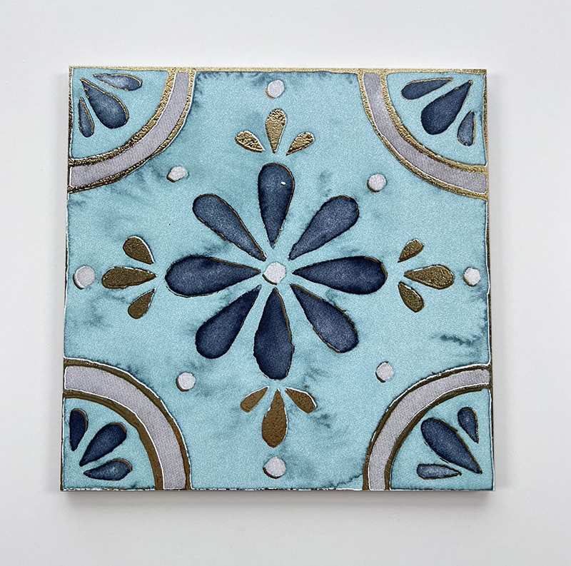 200x200mm Blue - Toned Floral Gilded Ceramic Tiles - XC202033