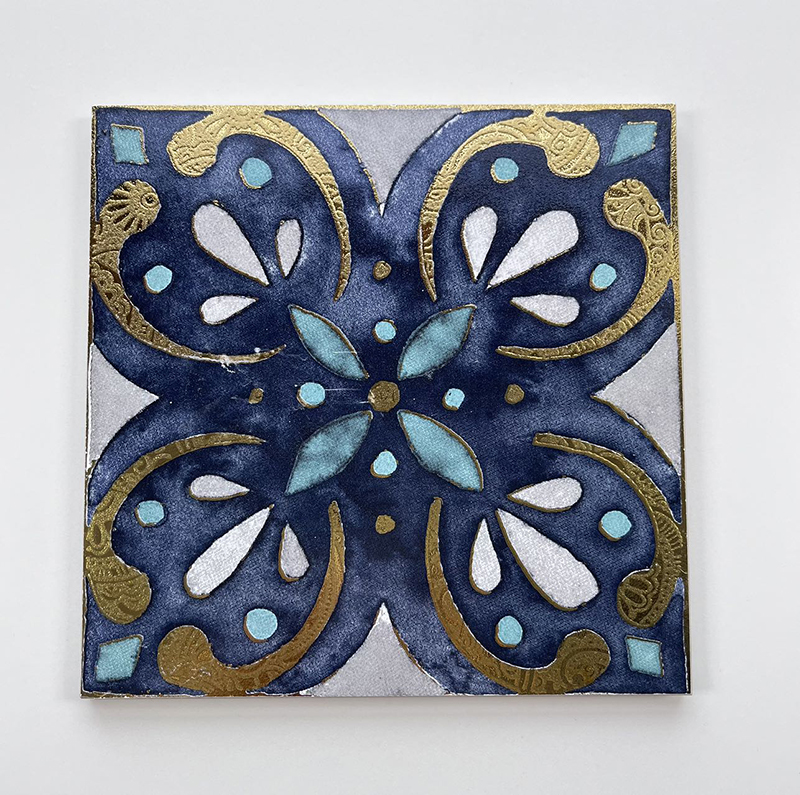 200x200mm Blue - Toned Floral Gilded Ceramic Tiles - XC202033