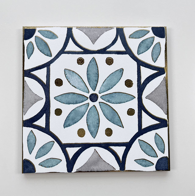 200x200mm Blue - Toned Floral Gilded Ceramic Tiles - XC202033