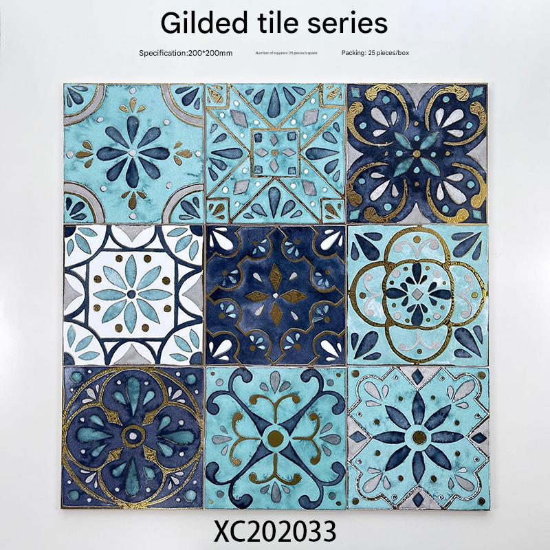 200x200mm Blue - Toned Floral Gilded Ceramic Tiles - XC202033