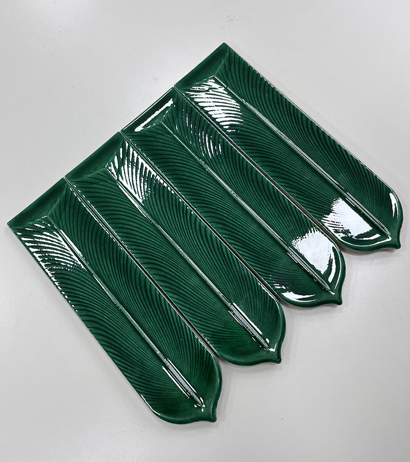 80x300mm Artisan Feather - Shaped Green Mosaic Tiles - XC803001