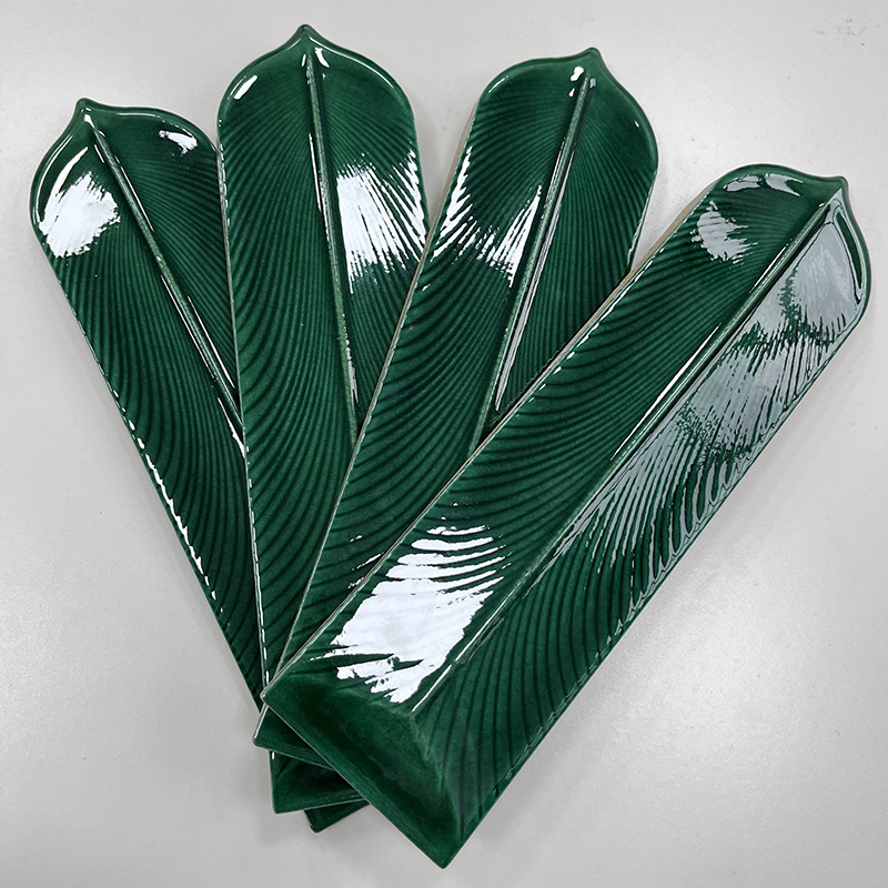 80x300mm Artisan Feather - Shaped Green Mosaic Tiles - XC803001