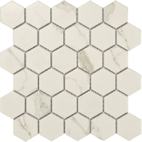 Hexagonal Marble - Effect Inkjet Mosaic Tiles - White with Gray Veins (P5901AB P5902AB P5903AB P5905AB PC48-01 PCDL-01)
