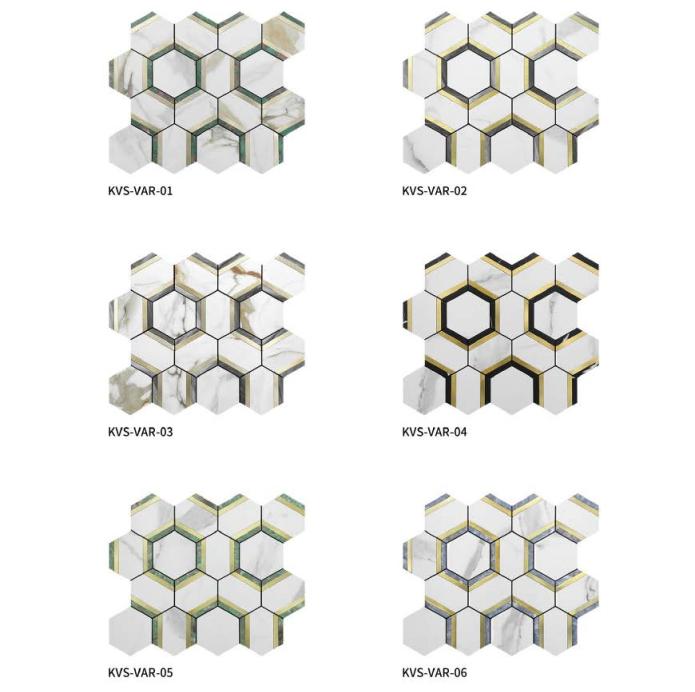298x258mm Hexagonal Adhesive Peel - Stick Mosaic Tiles (KVS - VAR - 01/02/03/04/05/06/07/08/09/10/11; KVS - UPP - 01/02/03/04/05/06)