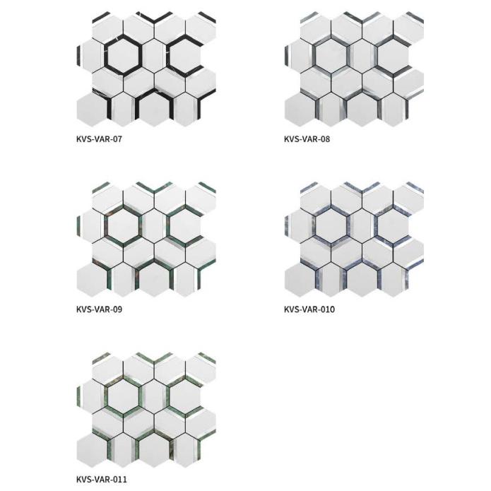 298x258mm Hexagonal Adhesive Peel - Stick Mosaic Tiles (KVS - VAR - 01/02/03/04/05/06/07/08/09/10/11; KVS - UPP - 01/02/03/04/05/06)