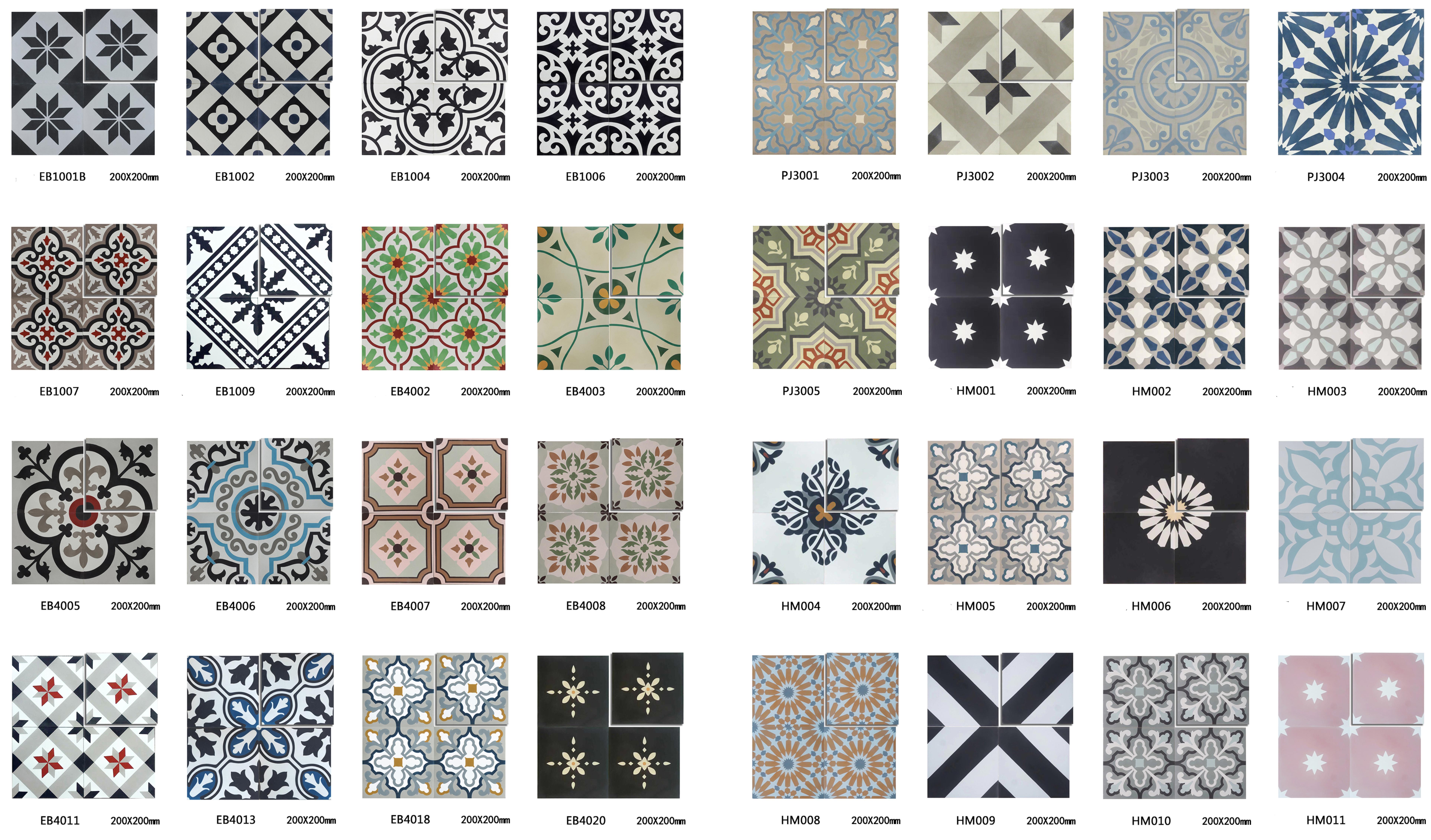 200x200 mm Handmade Moroccan Cement Tile with Intricate Patterns(EB1001B-EB1009,PJ3001-PJ3004，EB4002-EB4020, PJ3001-PJ3005, HM001-HM011)