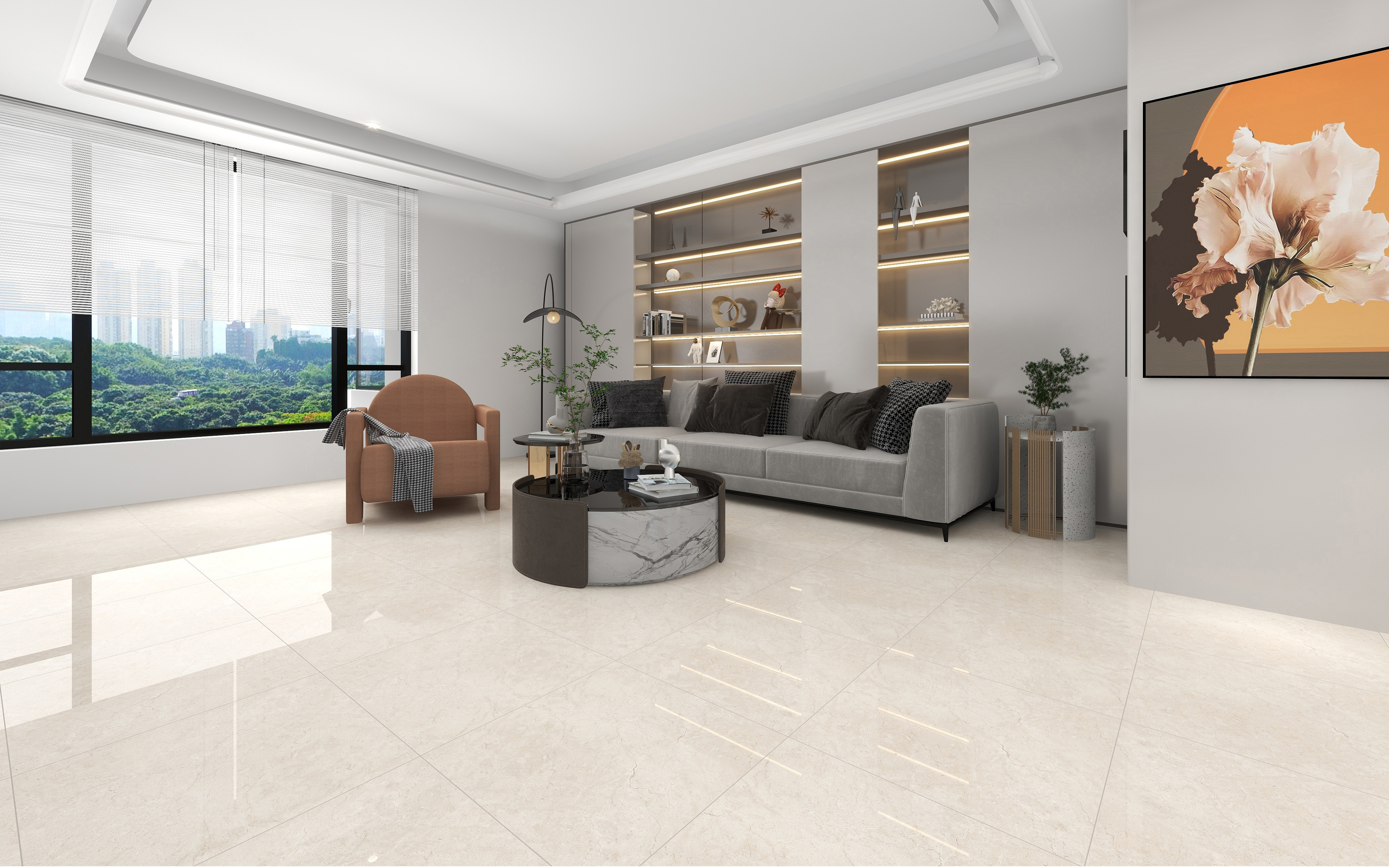 60×60cm Beige Marble - Effect Glossy Tile, Model: TQ01-RS - 66003P