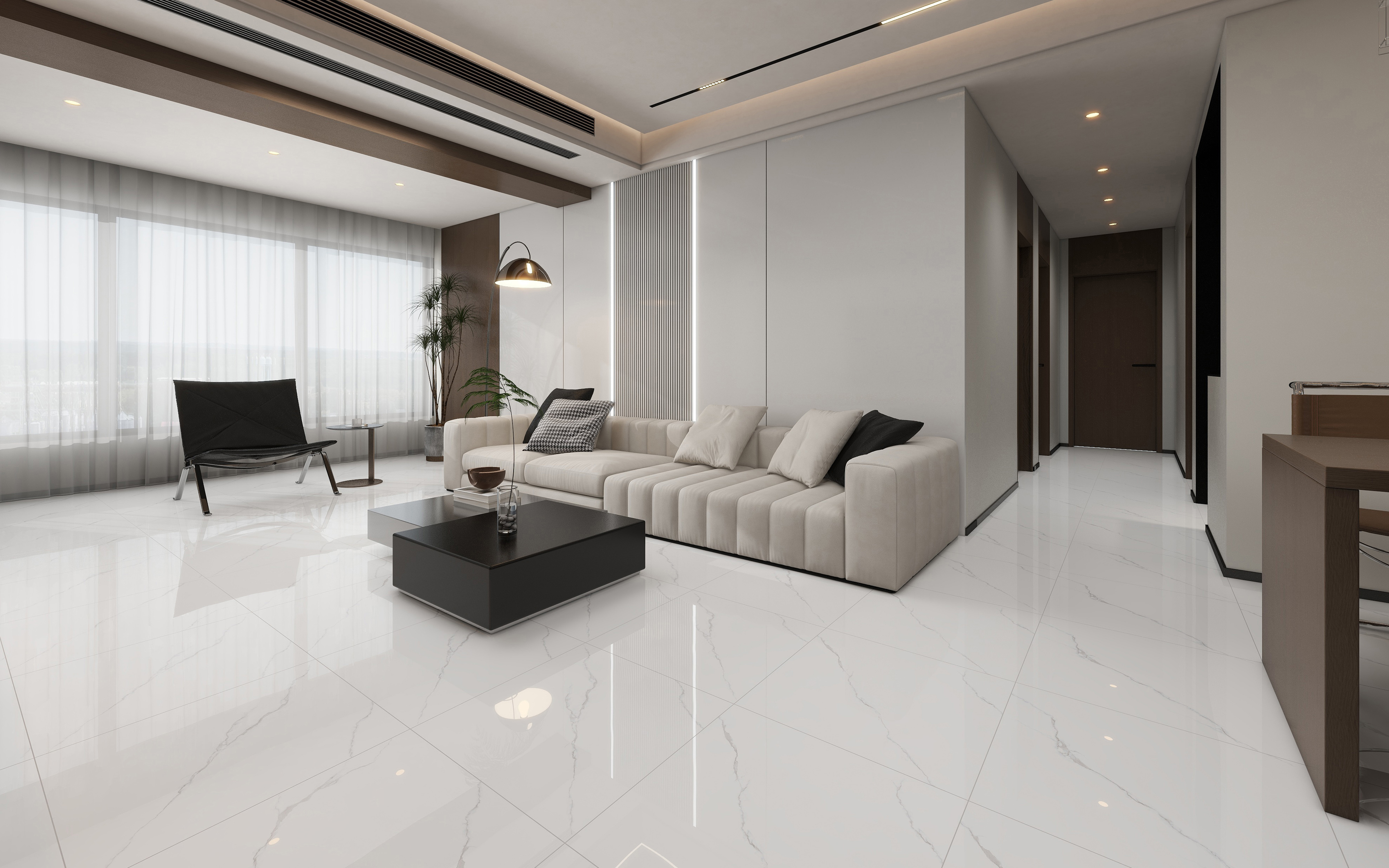 60×60cm White Marble - Effect Glossy Tile, Model: TQ01-RS - 66028P