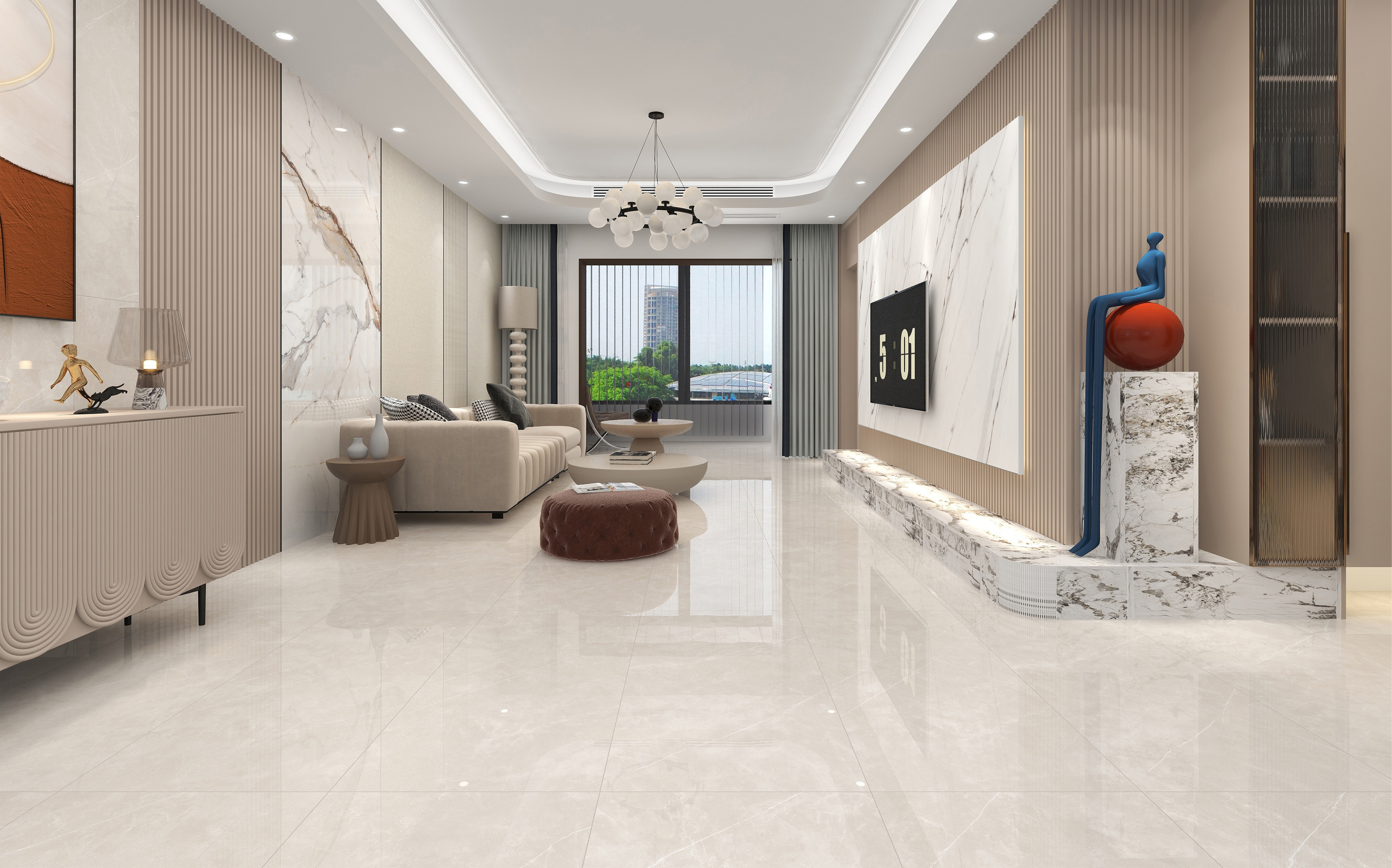 60×120cm Light Beige Marble - Effect Glossy Tile, Model: TQ01 - RS - 010P