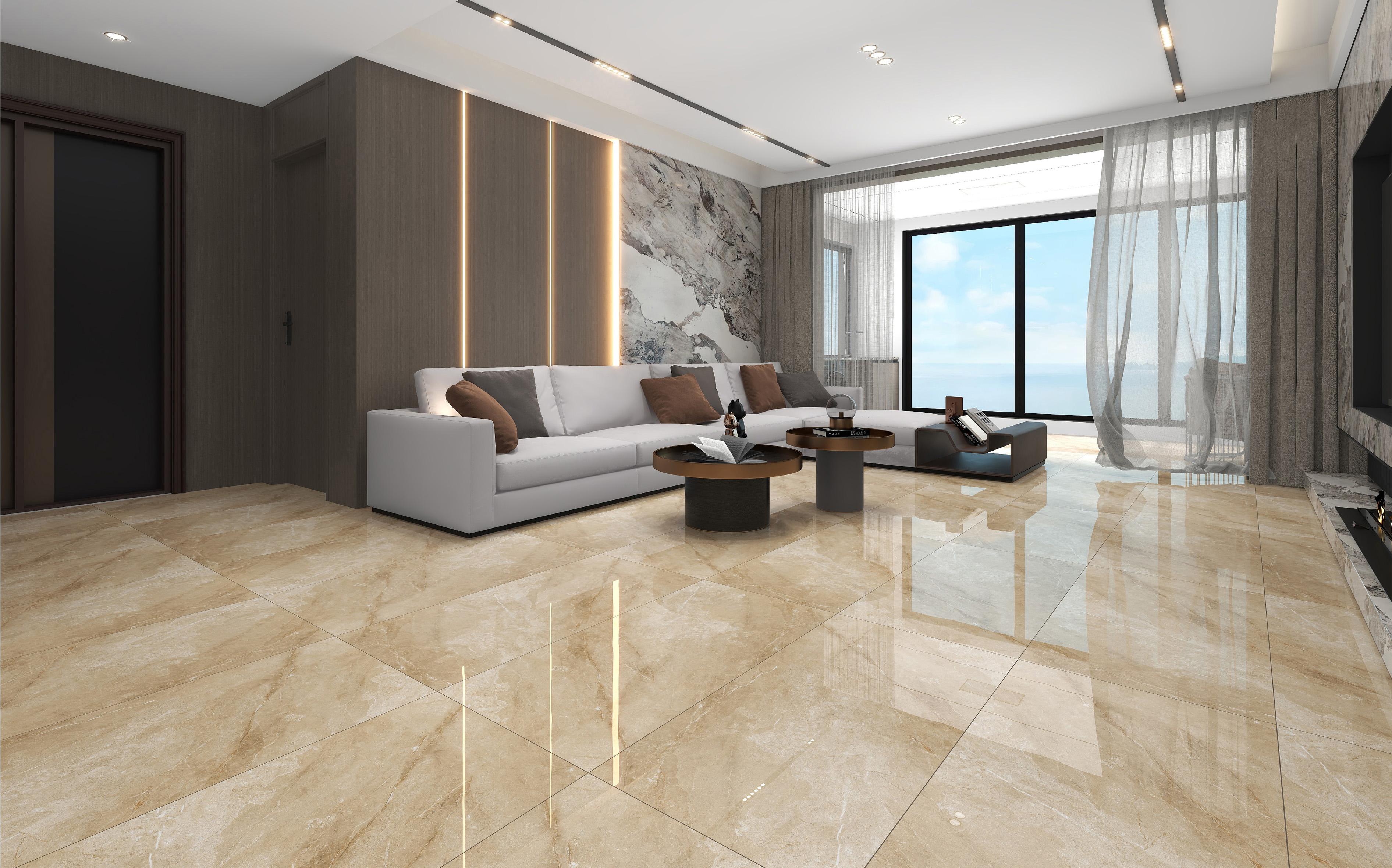 60×120cm Beige Marble - Effect Glossy Tile, Model: TQ01 - RS - 61205P