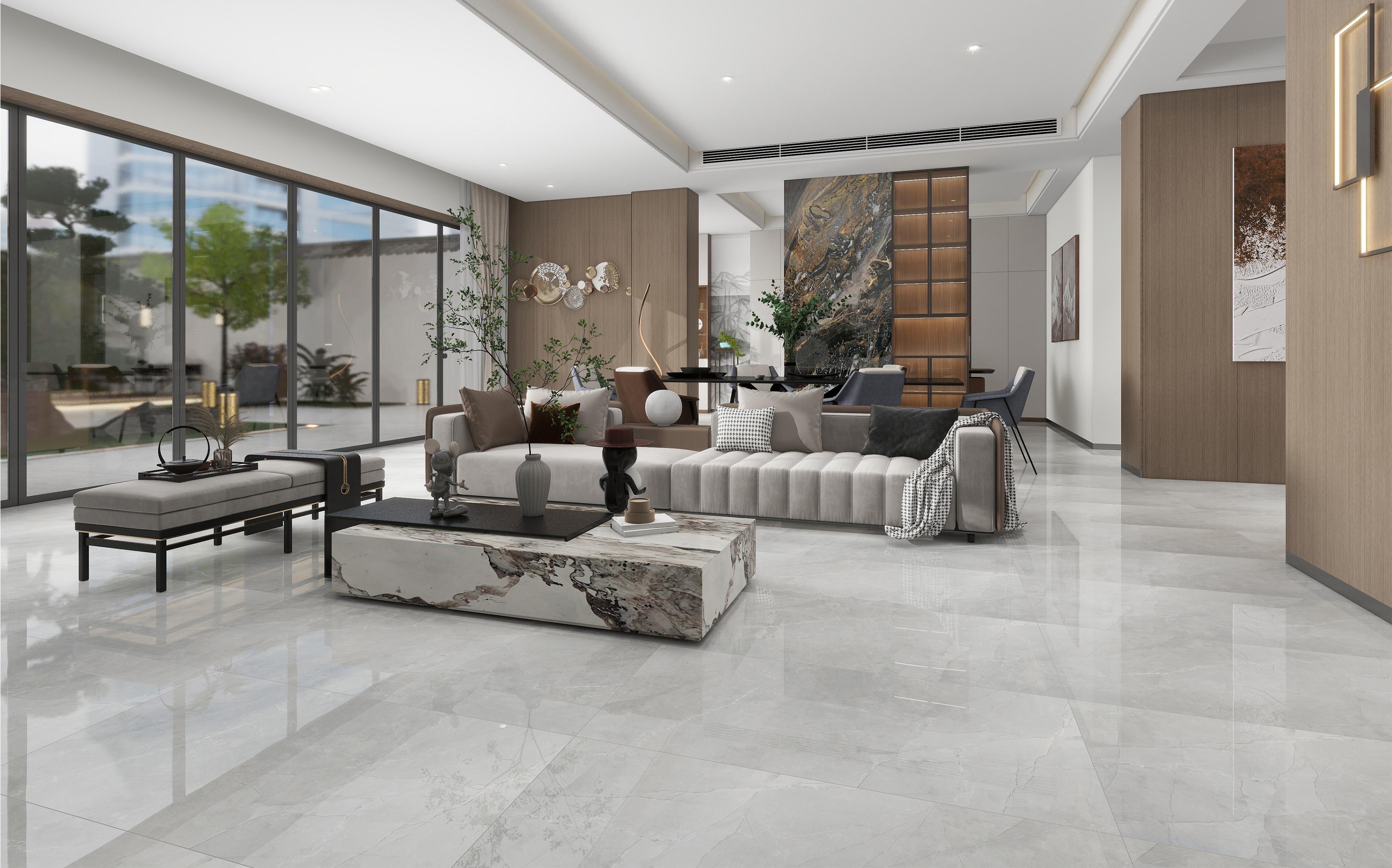 60×120cm Light Gray Marble - Effect Glossy Tile, Model: TQ01 - RS - 61212P