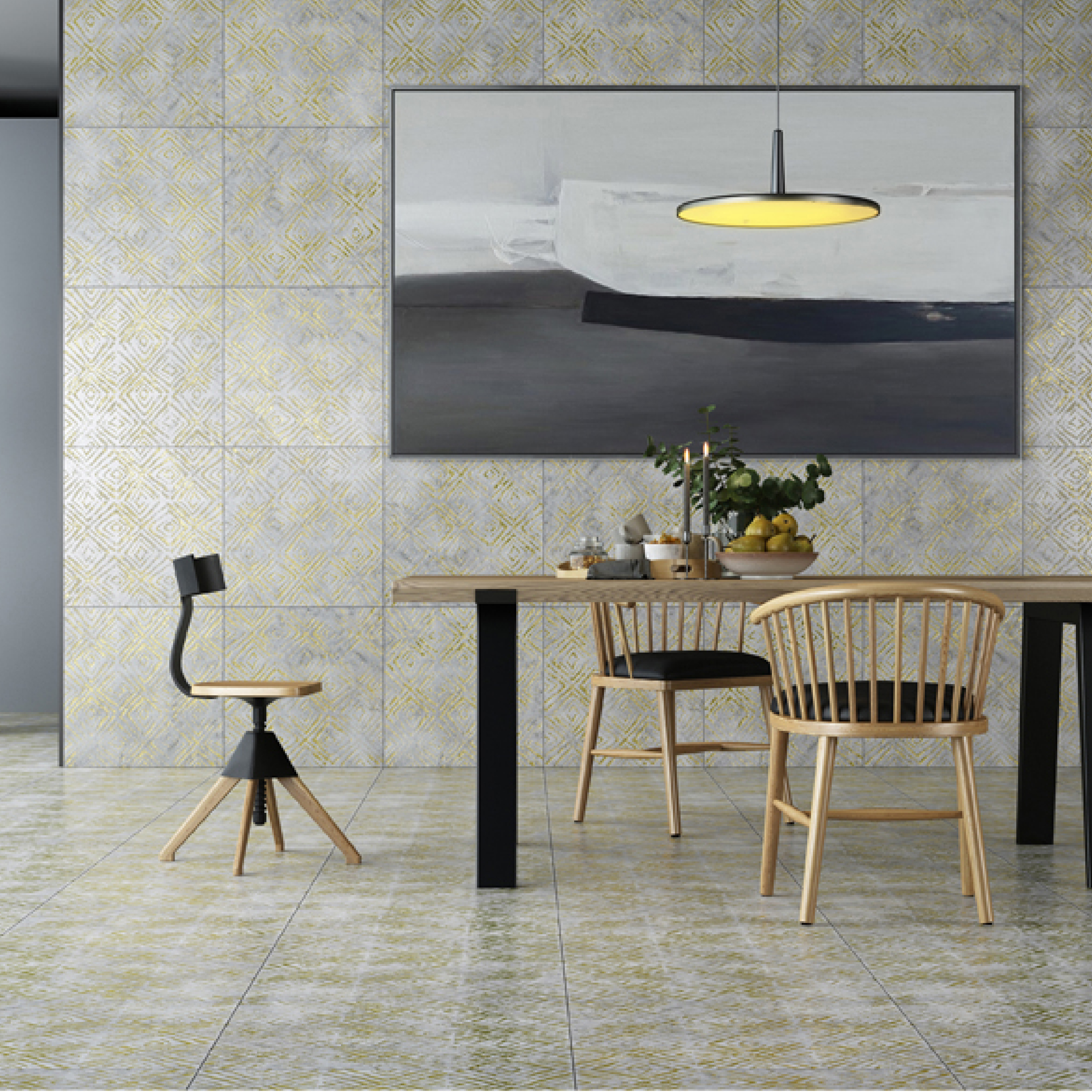 600x600mm Grey - Yellow Patterned Vintage - Style Ceramic Tiles for Dining Room Decor TQ16 - 2CX6060 - 2127