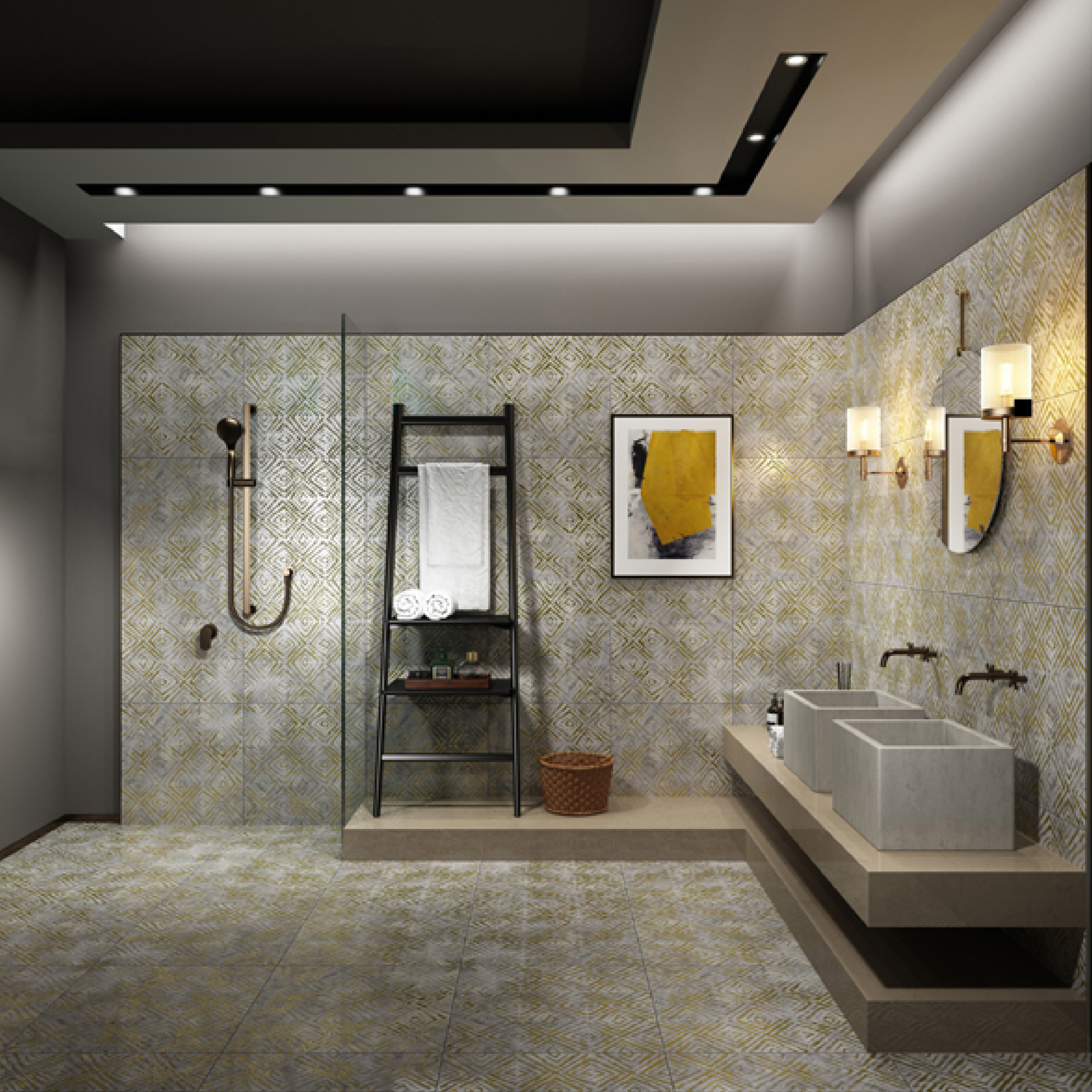600x600mm Grey - Yellow Patterned Vintage - Style Ceramic Tiles for Dining Room Decor TQ16 - 2CX6060 - 2127