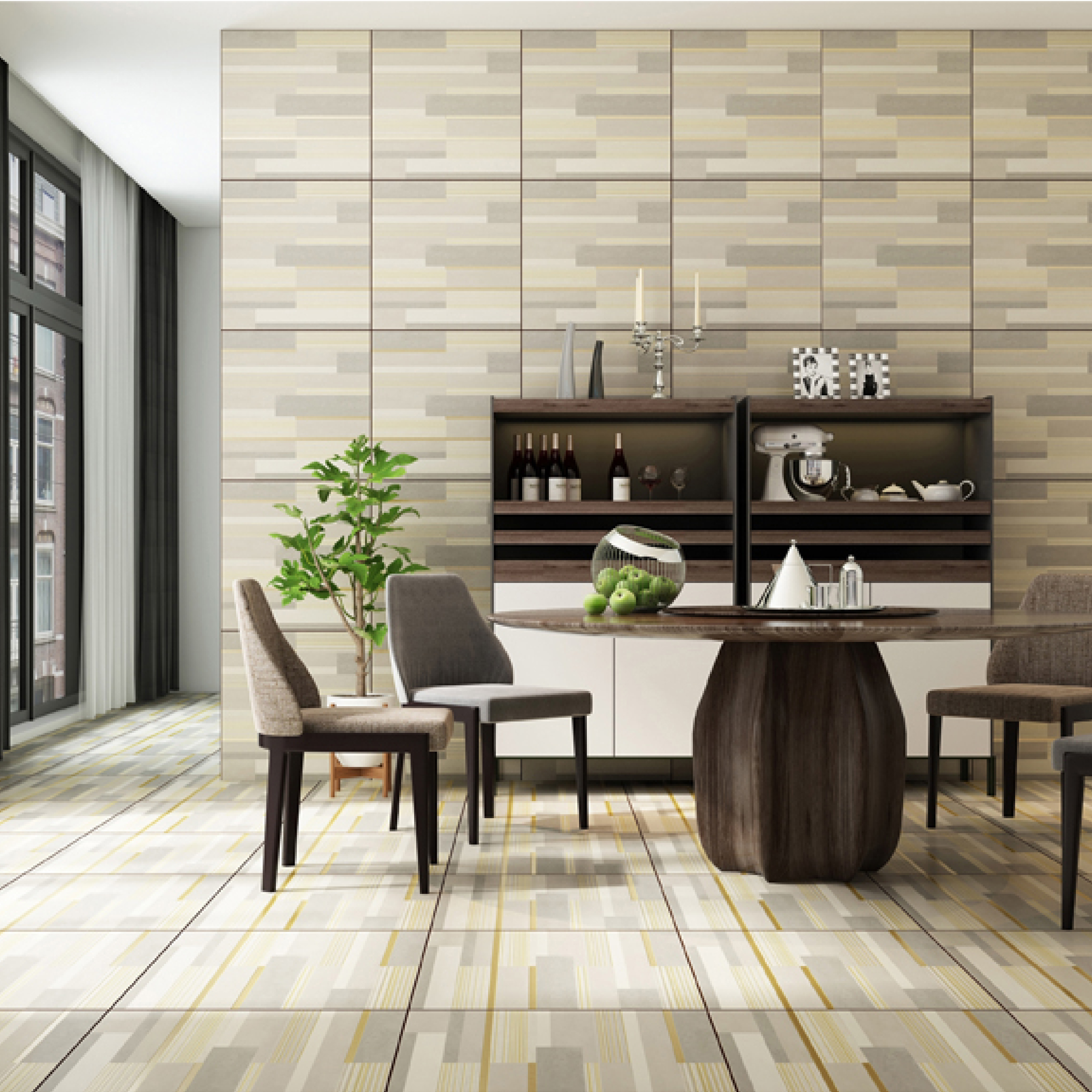 600x600mm Grey - Beige Striped Pattern Ceramic Tiles with Gold Accents for Office Decor TQ16 - 2CX6060 - 2123