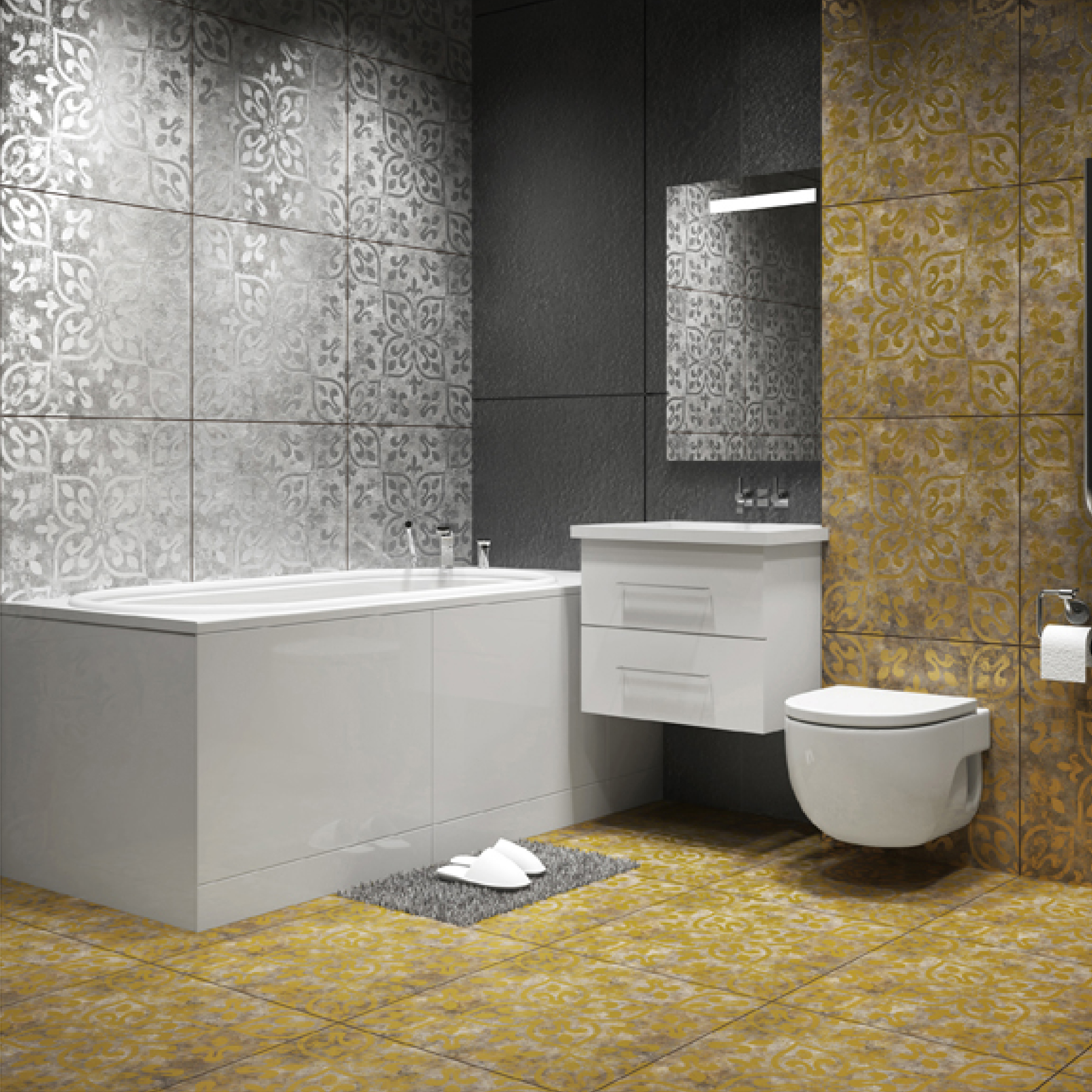 600x600mm Gold - Grey Patterned Vintage - Style Ceramic Tiles for Bathroom Decor TQ16 - 2CX6060 - 2116