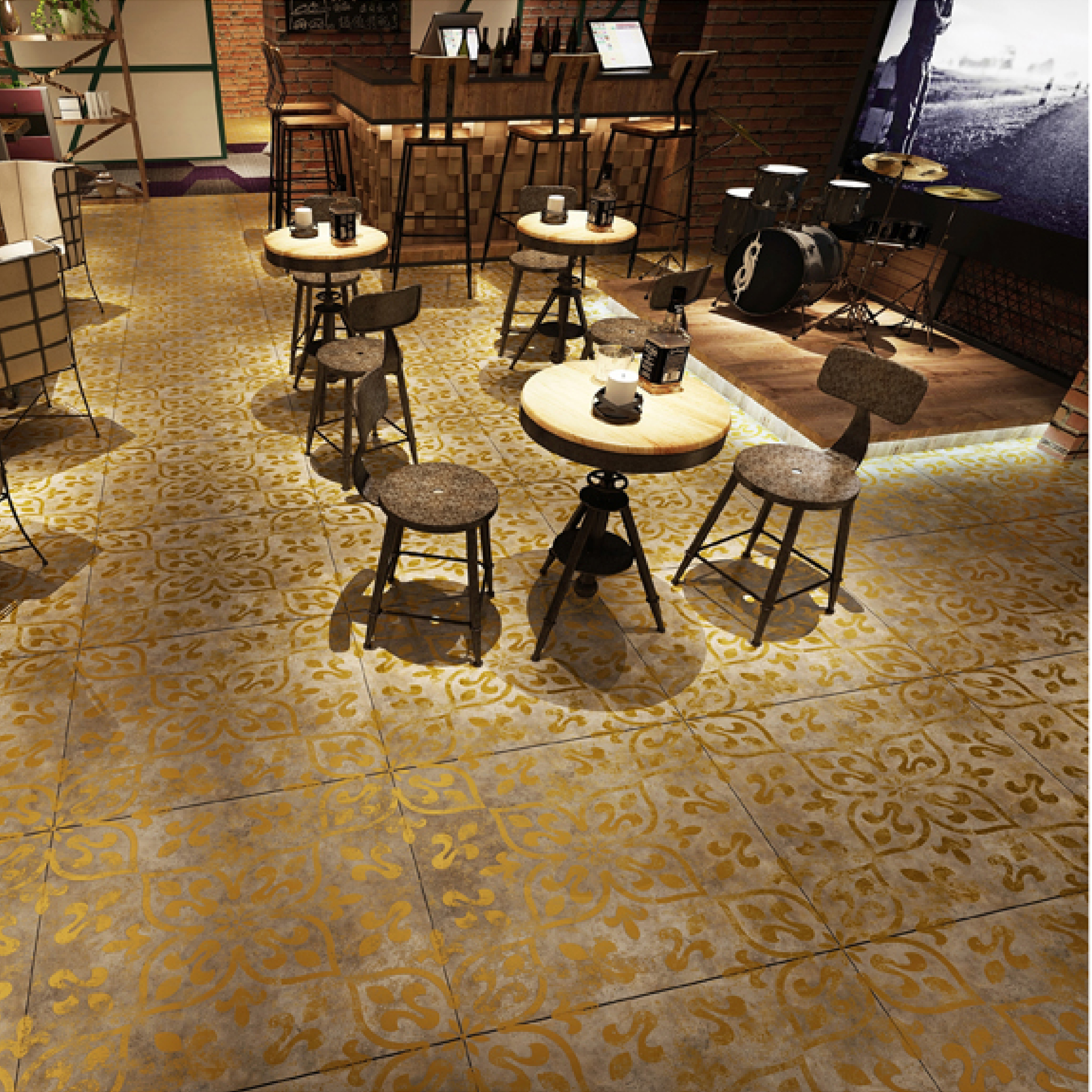 600x600mm Gold - Grey Patterned Vintage - Style Ceramic Tiles for Bathroom Decor TQ16 - 2CX6060 - 2116