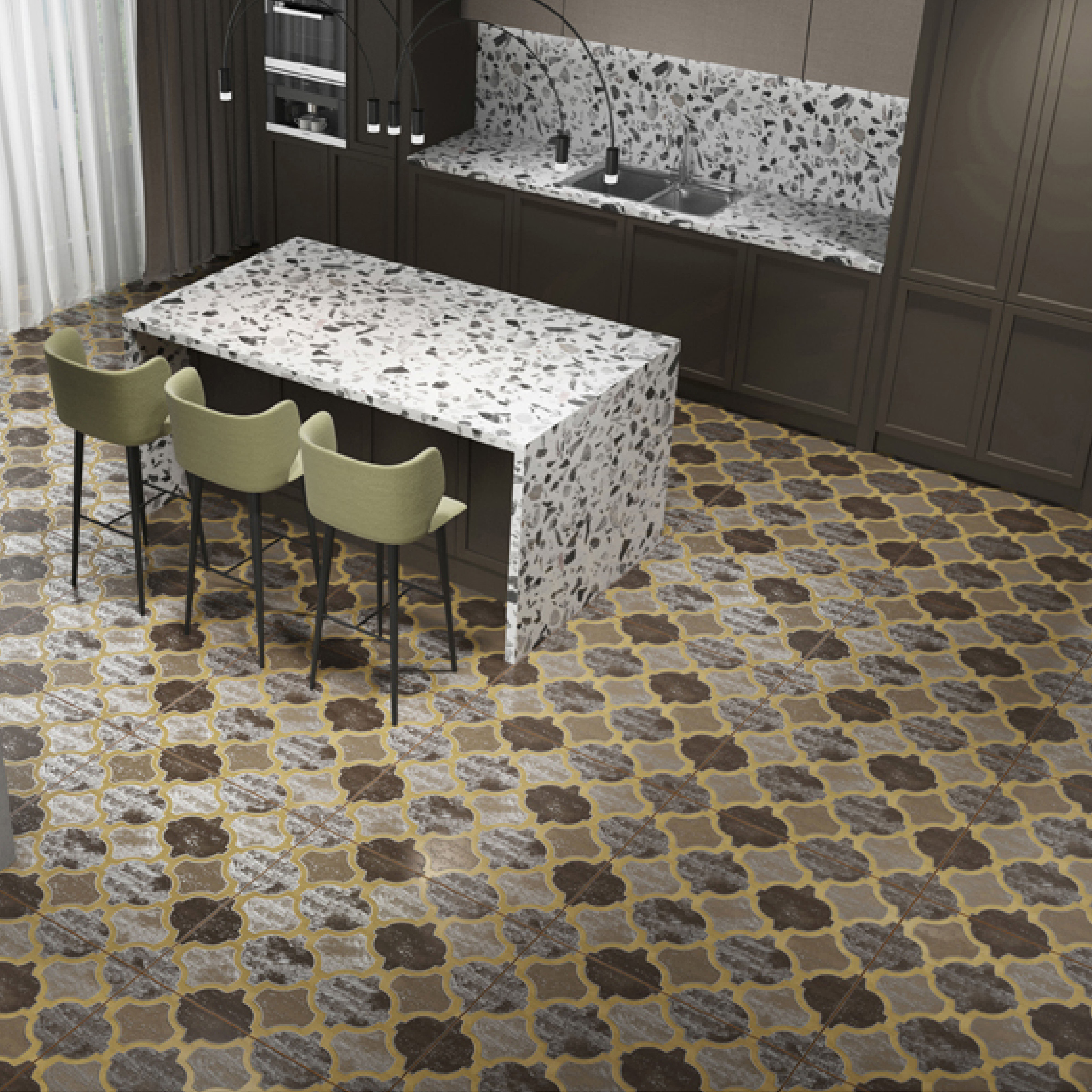 600x600mm Yellow - Grey Vintage - Patterned Ceramic Tiles for Bathroom Decor TQ16 - 2CX6060 - 2111