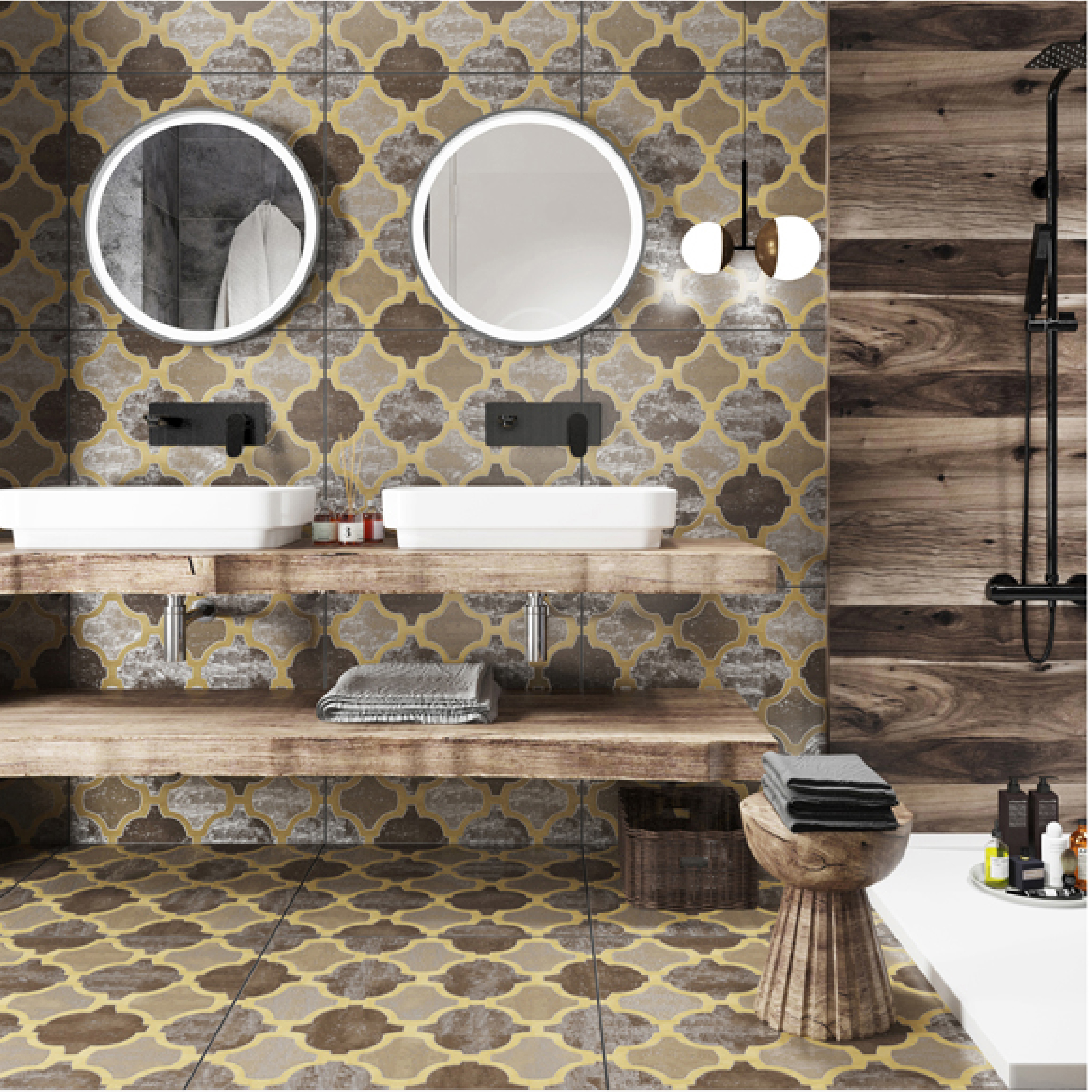 600x600mm Yellow - Grey Vintage - Patterned Ceramic Tiles for Bathroom Decor TQ16 - 2CX6060 - 2111