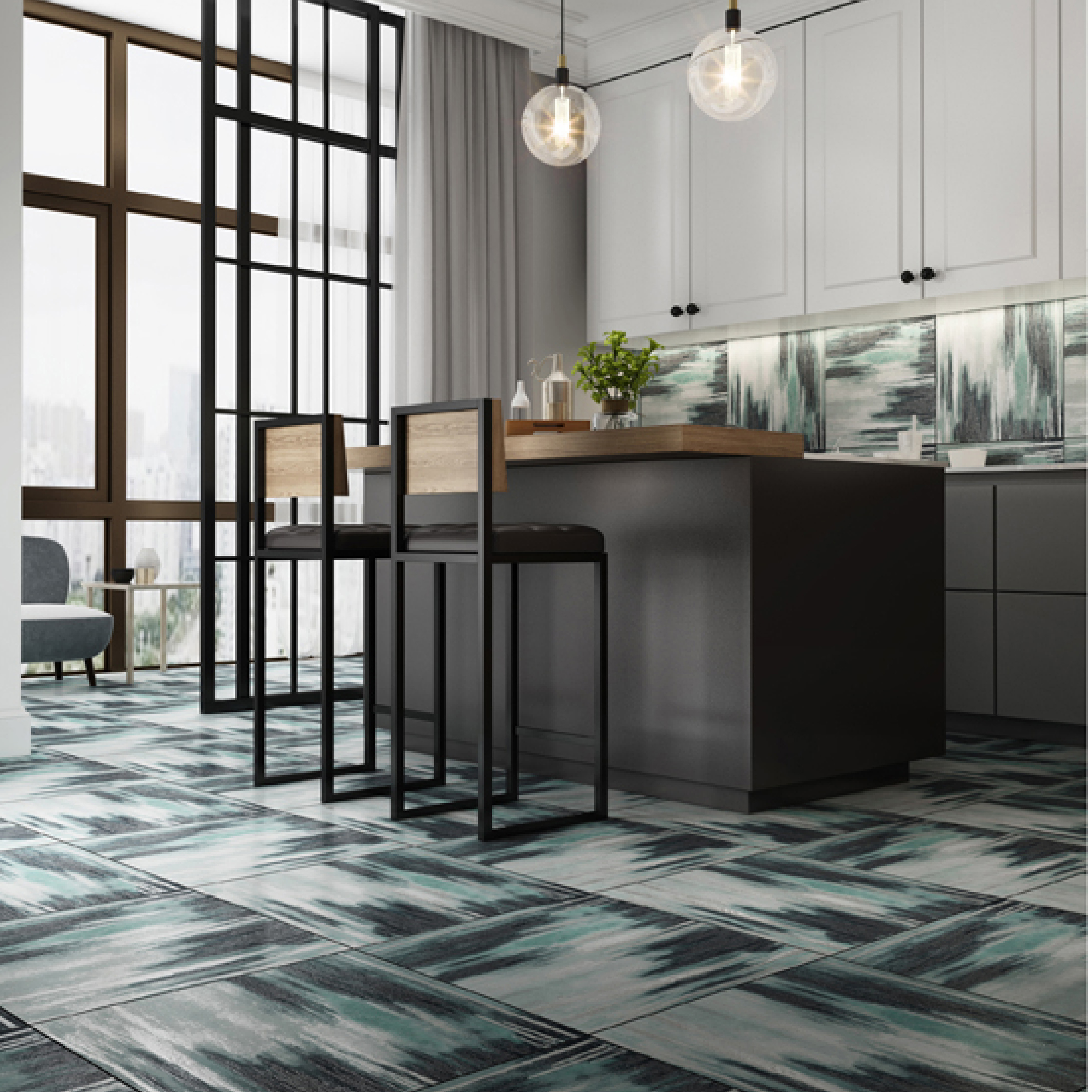 600x600mm Blue - Grey Abstract Pattern Ceramic Tiles for Modern Office Decor TQ16 - 2CX6060 - 2120
