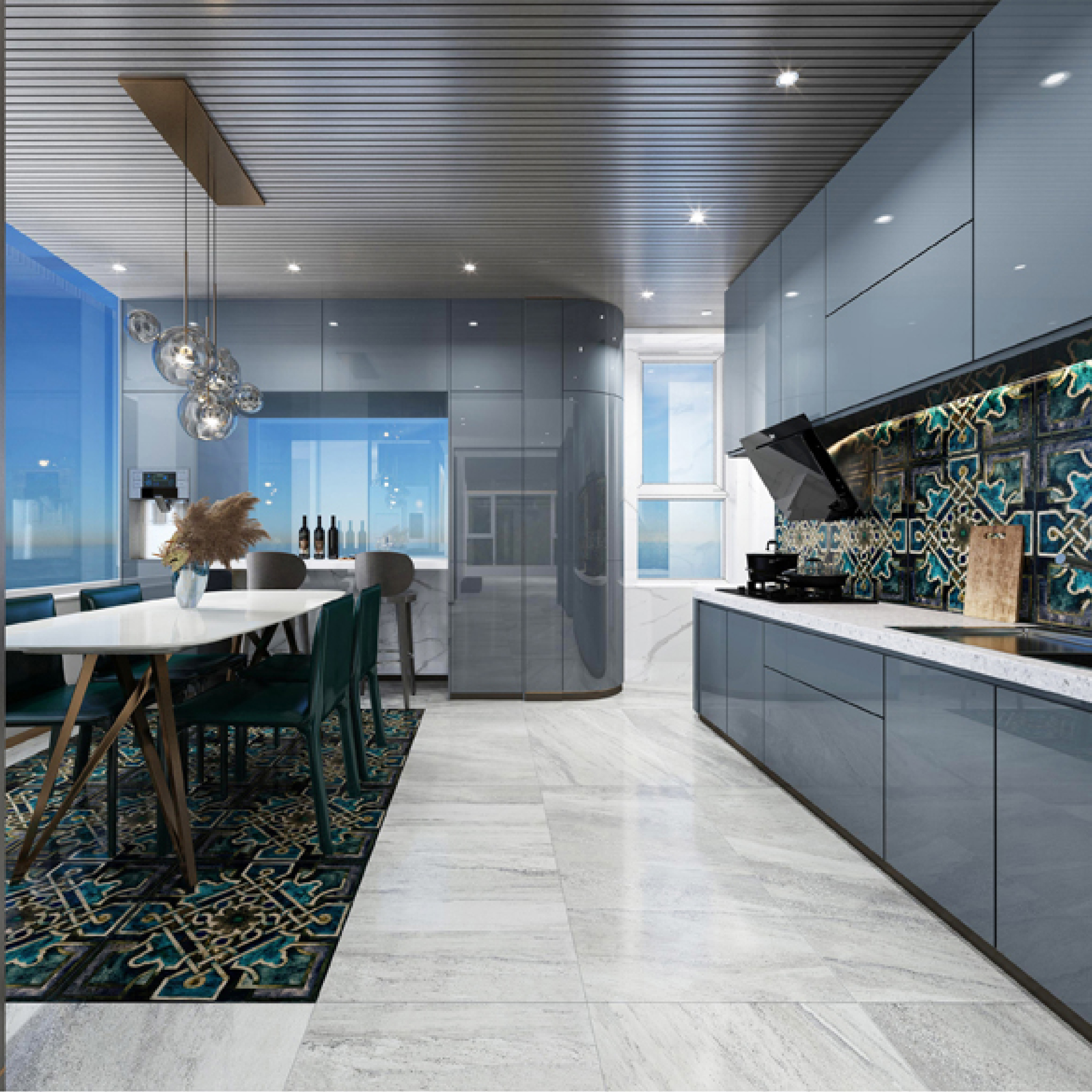 600x600mm Blue - Gold Geometric Pattern Ceramic Tiles for Kitchen and Dining Room Decor TQ16 - 3CX6060 - 2135