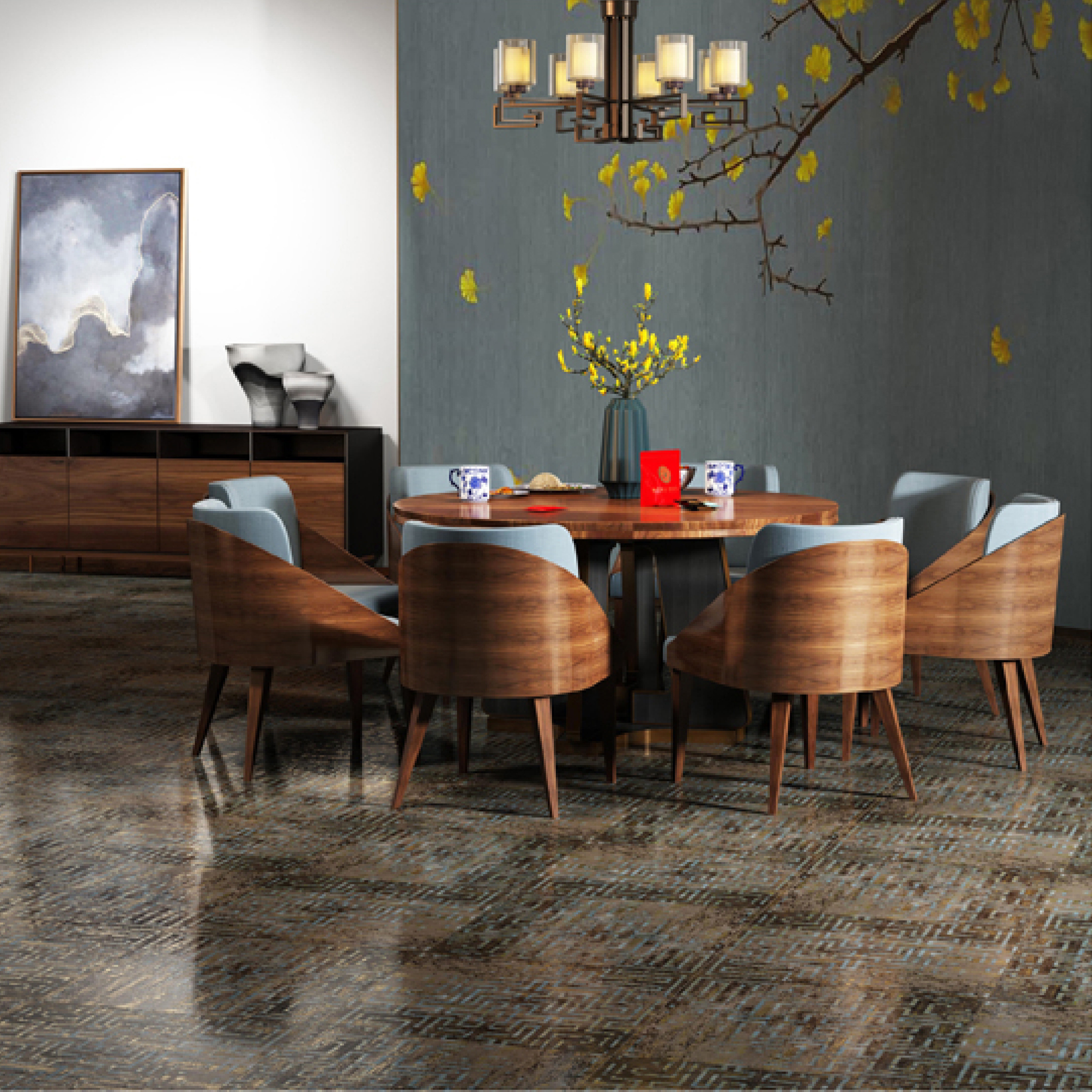600x600mm Brown - Grey Geometric Pattern Ceramic Tiles for Bedroom Decor TQ16 - 3CX6060 - 2130