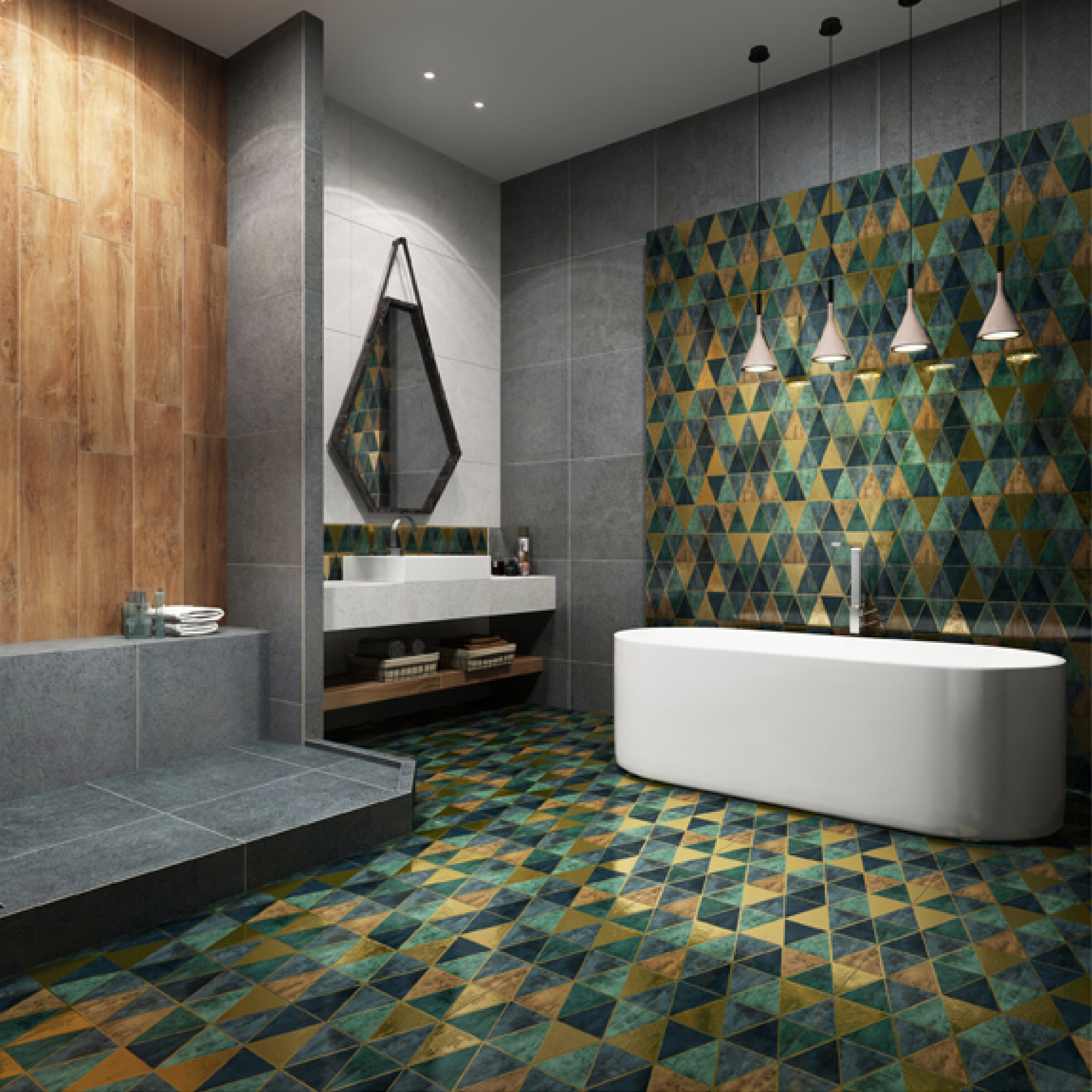 600x600mm Multi - colored Triangular Pattern Ceramic Tiles for Bathroom Decor TQ16 - 3CX6060 - 2129