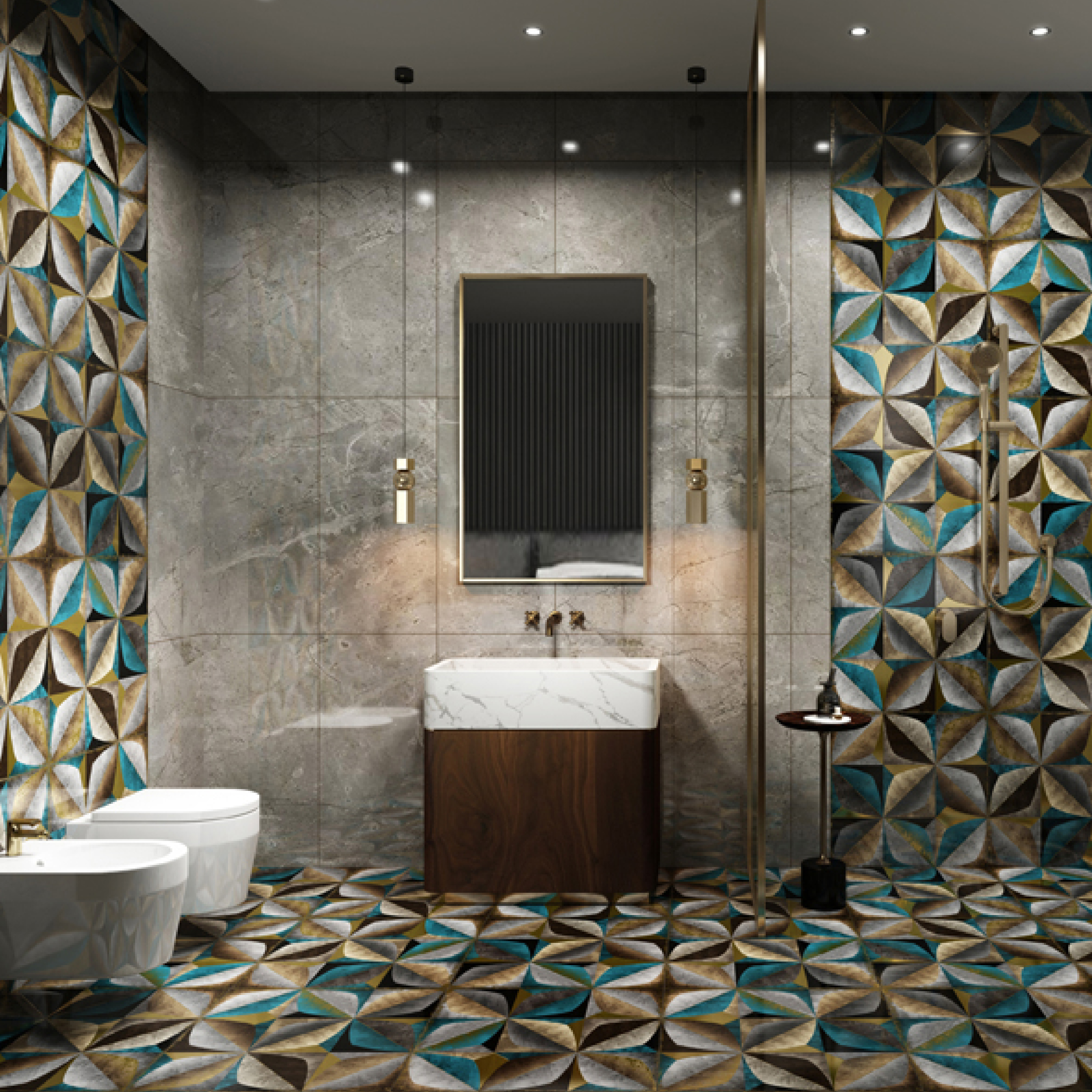 600x600mm Multi - colored Geometric Pattern Ceramic Tiles for Dining Room Decor TQ16 - 3CX6060 - 2081