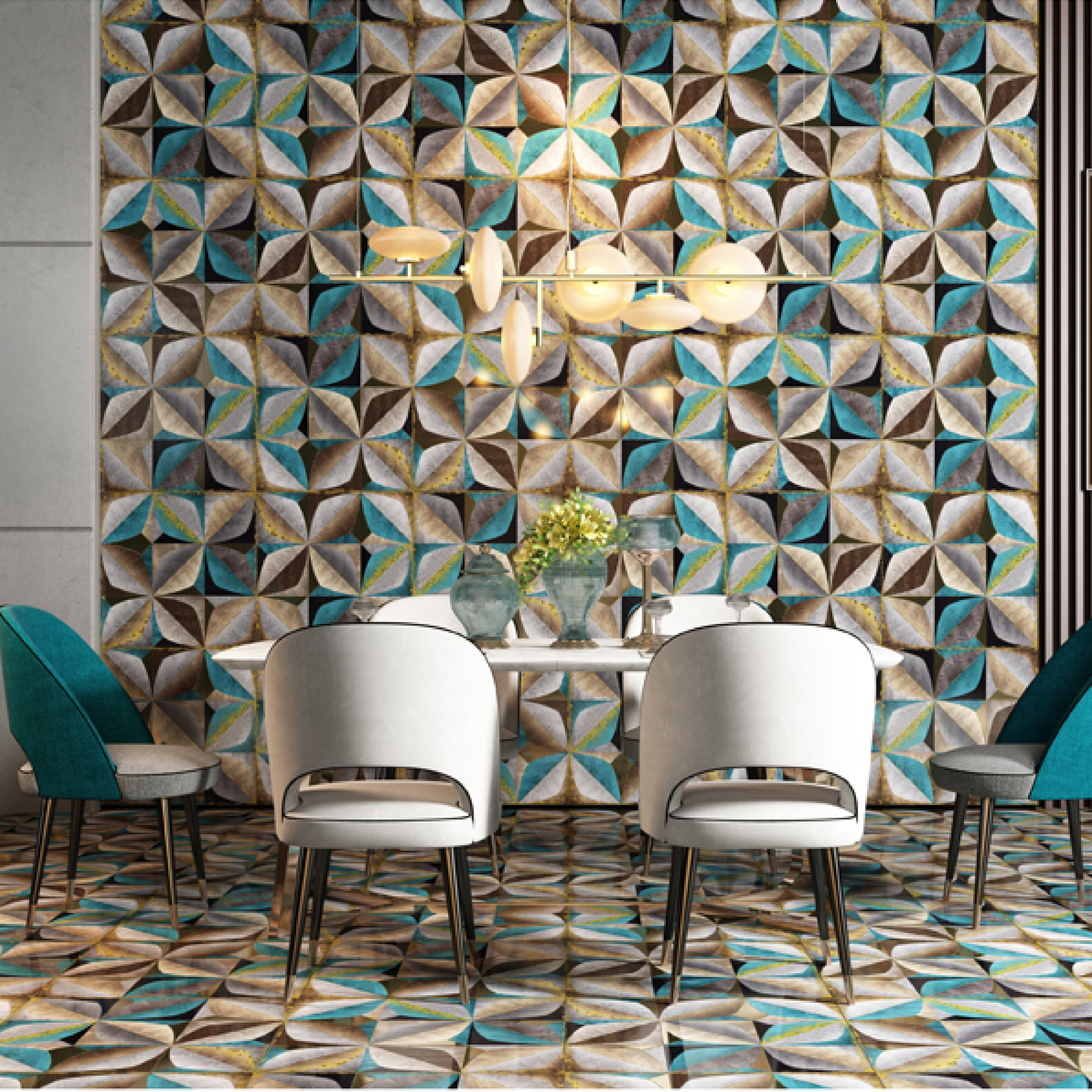600x600mm Multi - colored Geometric Pattern Ceramic Tiles for Dining Room Decor TQ16 - 3CX6060 - 2081