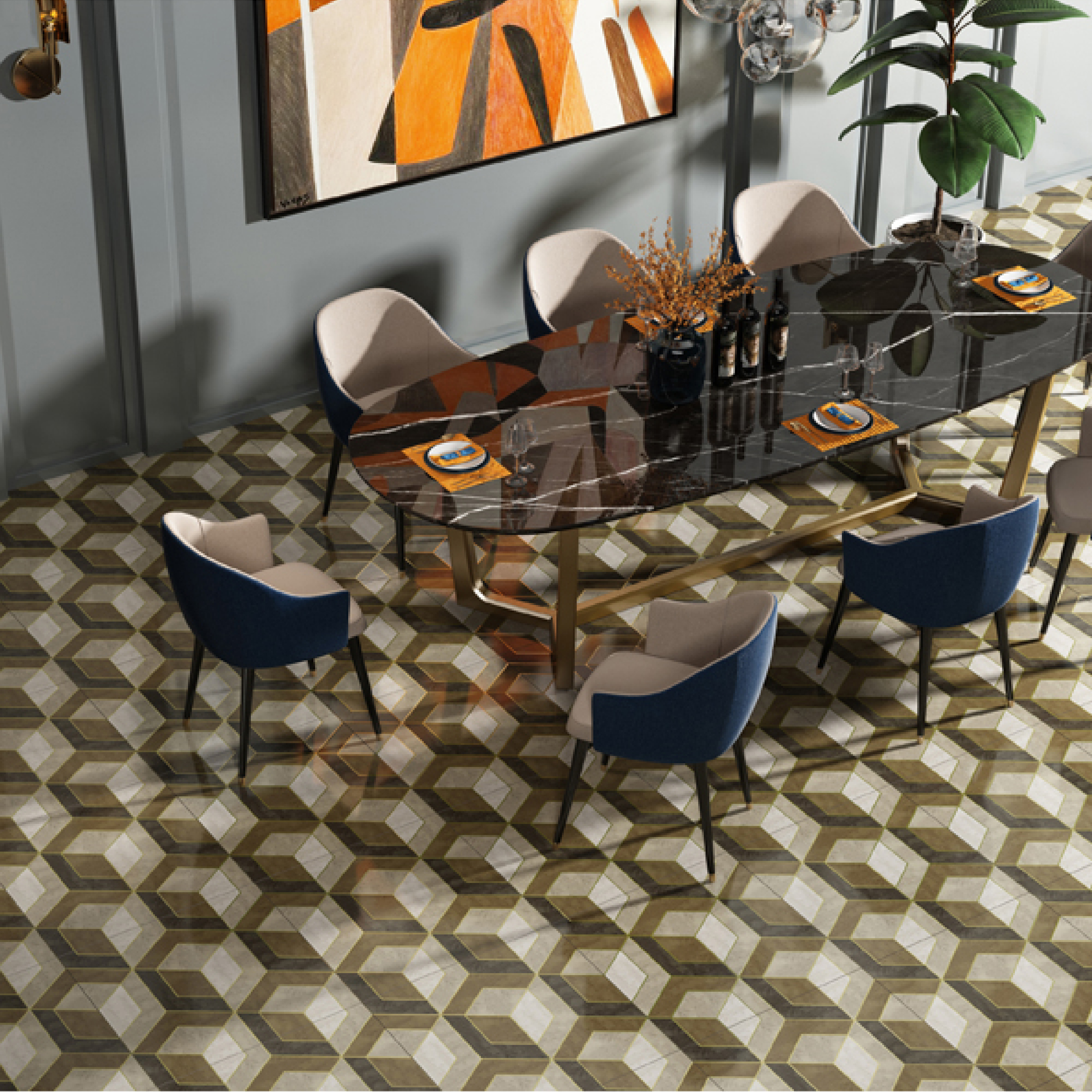 600x600mm Brown - Beige Geometric Hexagonal Pattern Ceramic Tiles for Bathroom Decor TQ16 - 3CX6060 - 2121