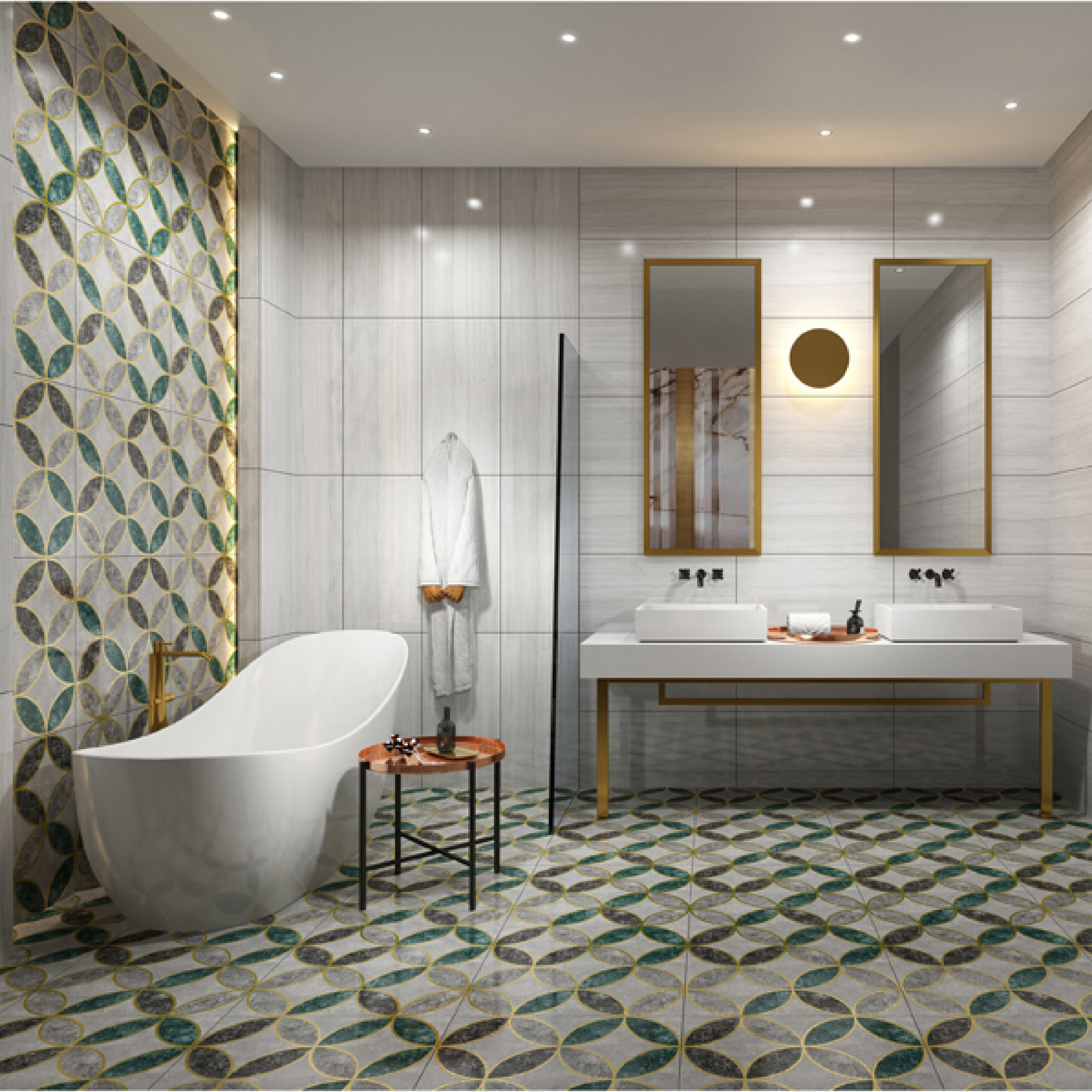 600x600mm Green - Grey Circular Pattern Ceramic Tiles for Dining Room Decor TQ16 - 3CX6060 - 2125