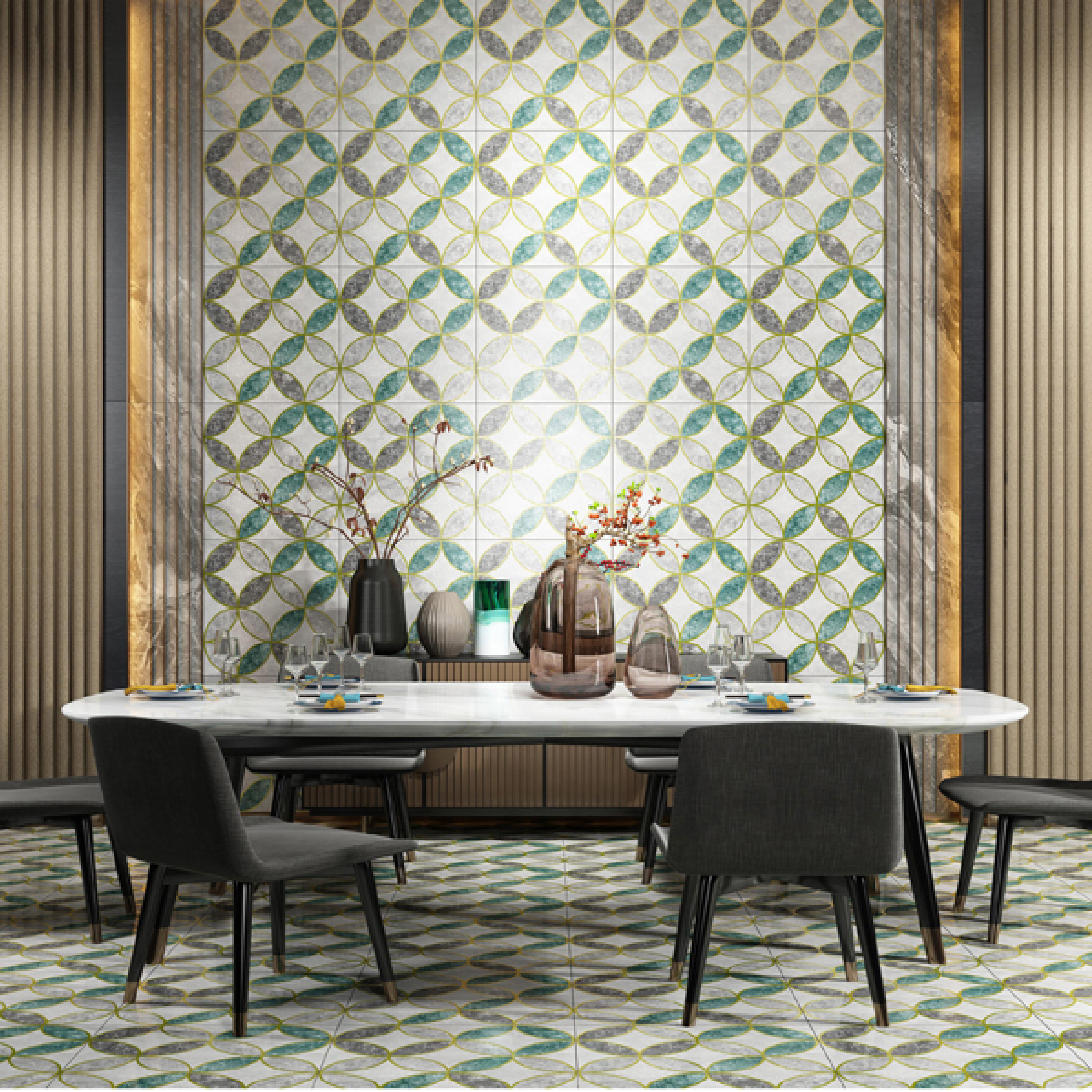 600x600mm Green - Grey Circular Pattern Ceramic Tiles for Dining Room Decor TQ16 - 3CX6060 - 2125