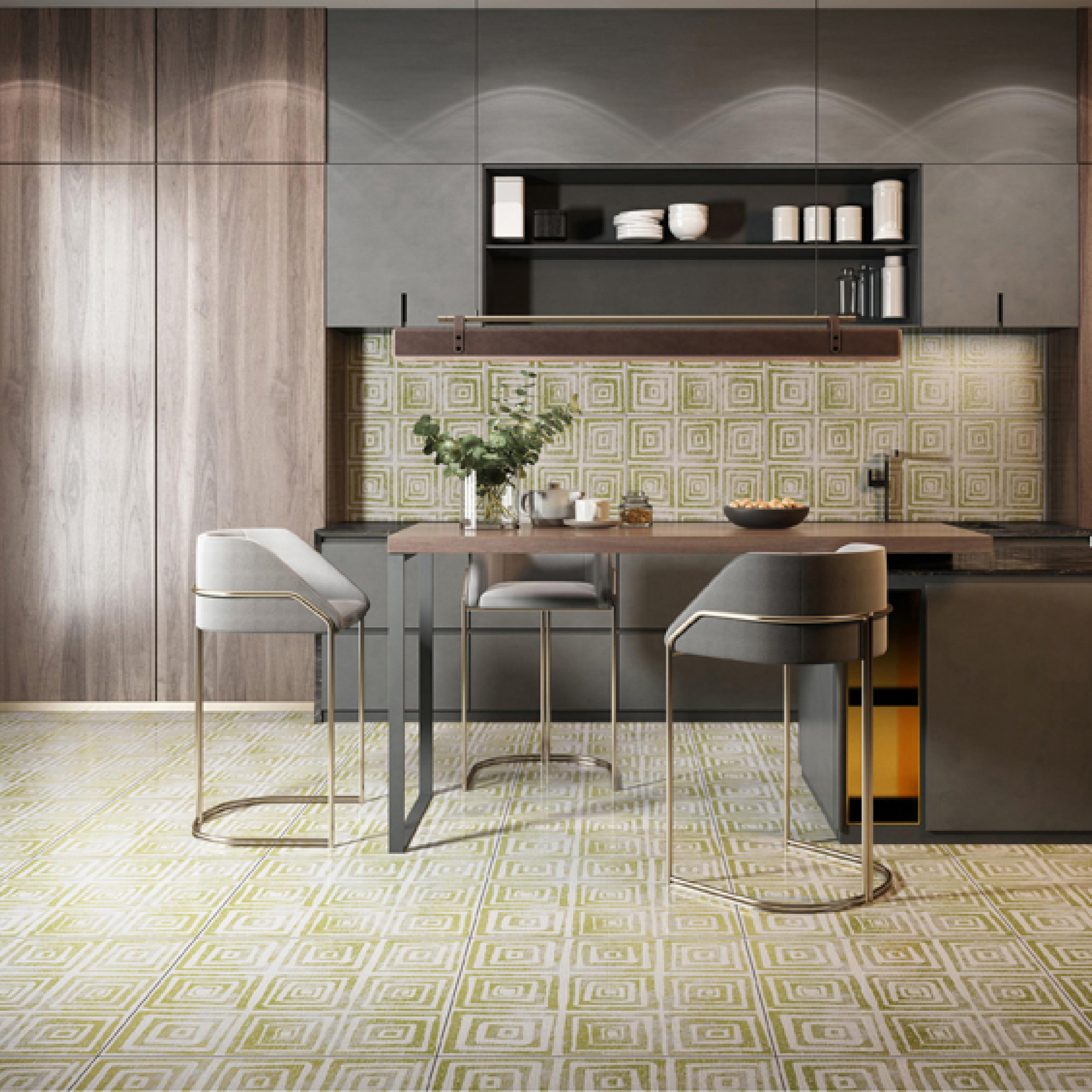 600x600mm Green - White Geometric Pattern Ceramic Tiles for Kitchen Decor TQ16 - 2CX6060 - 2136