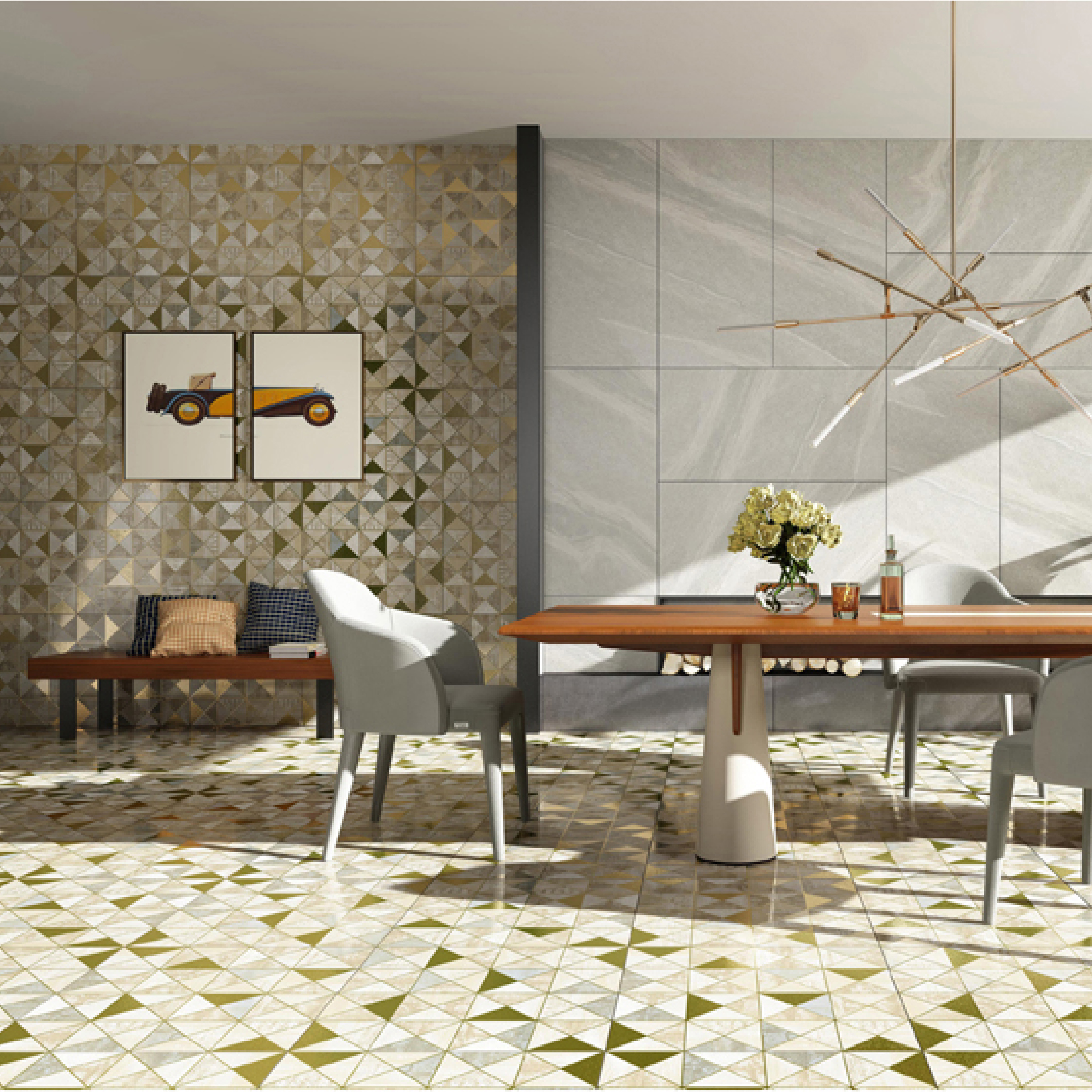 600x600mm Multi - colored Triangular Pattern Ceramic Tiles for Dining Room Decor TQ16 - 2CX6060 - 2134