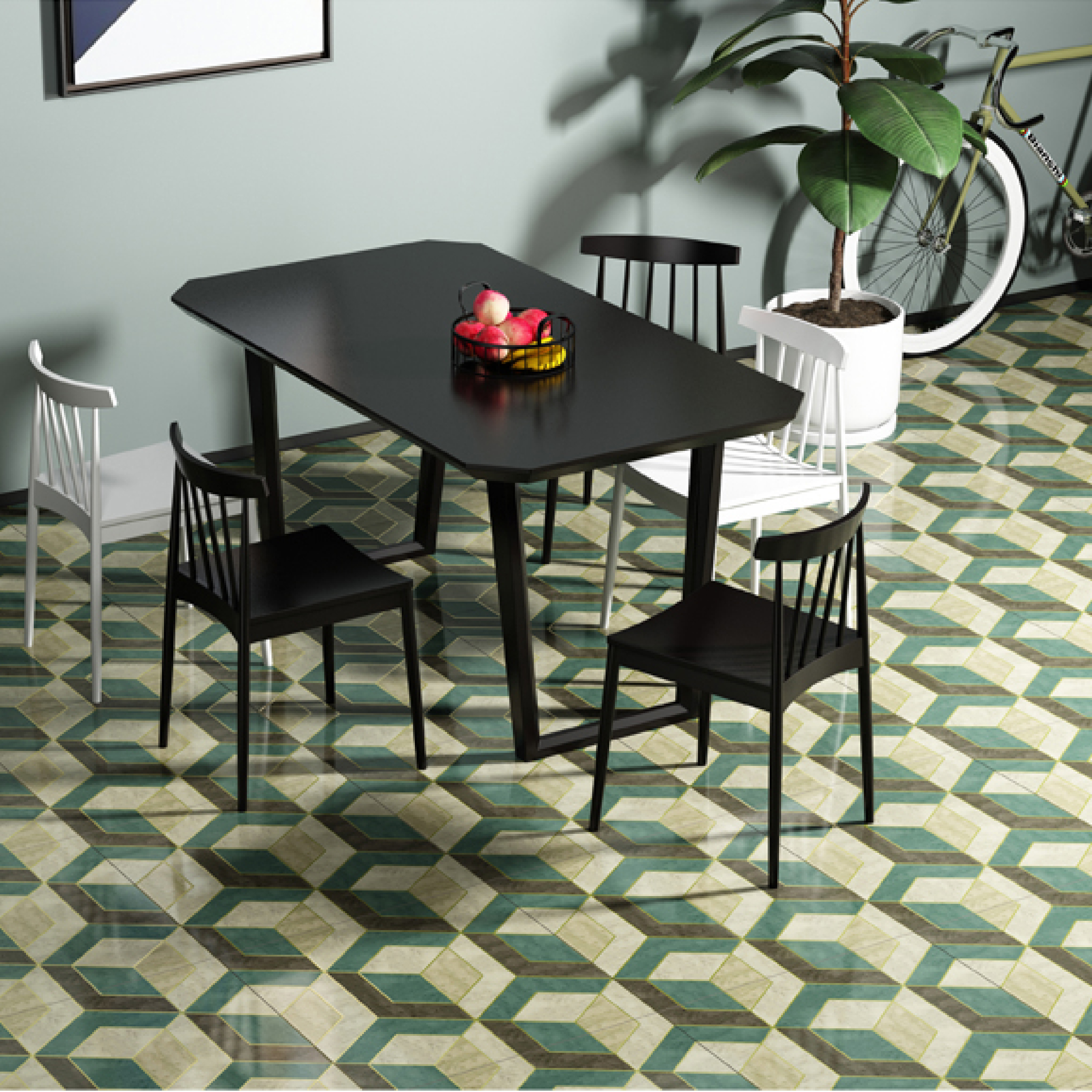 600x600mm Green - Blue Geometric Hexagonal Pattern Ceramic Tiles for Dining Room Decor TQ16 - 3CX6060 - 2122