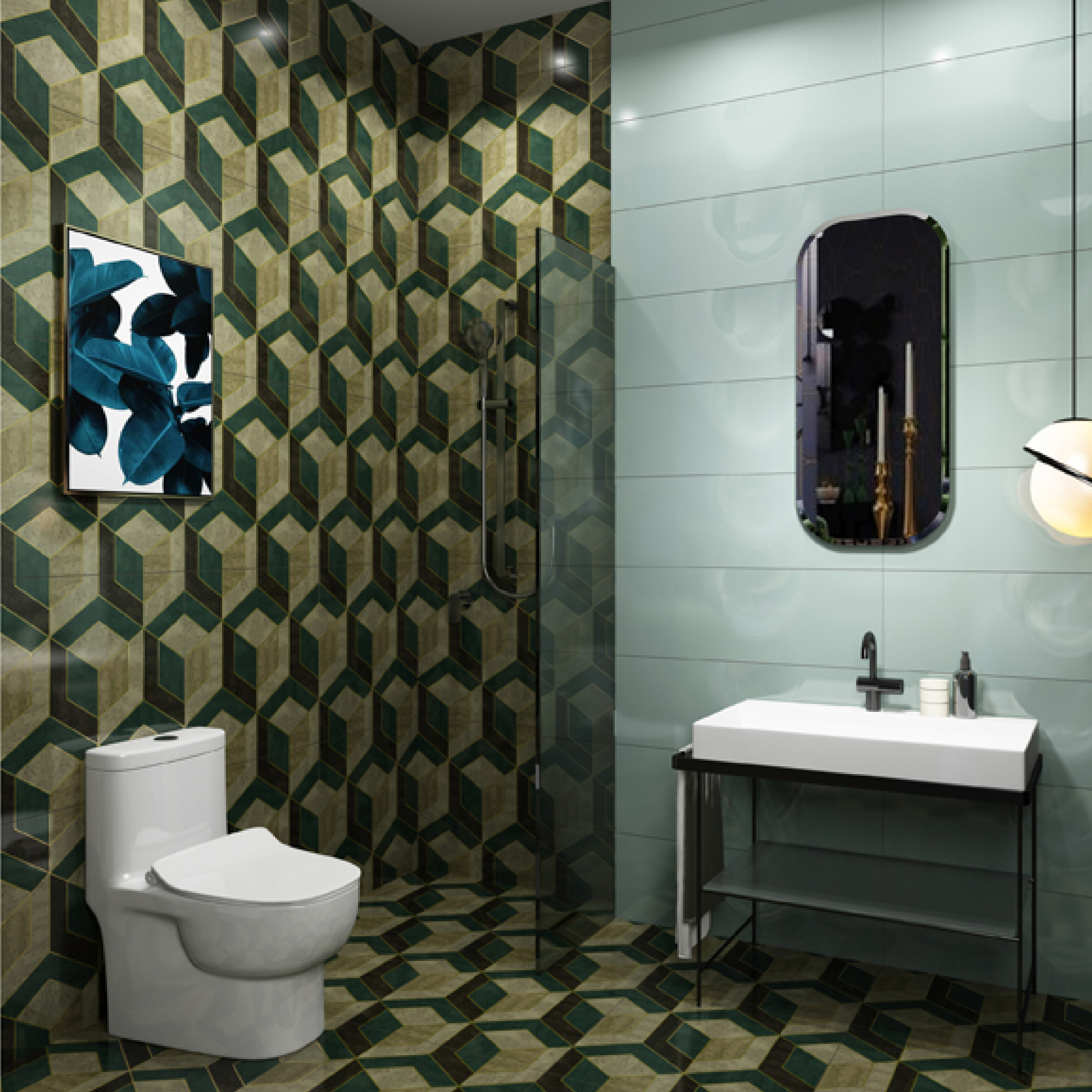 600x600mm Green - Blue Geometric Hexagonal Pattern Ceramic Tiles for Dining Room Decor TQ16 - 3CX6060 - 2122