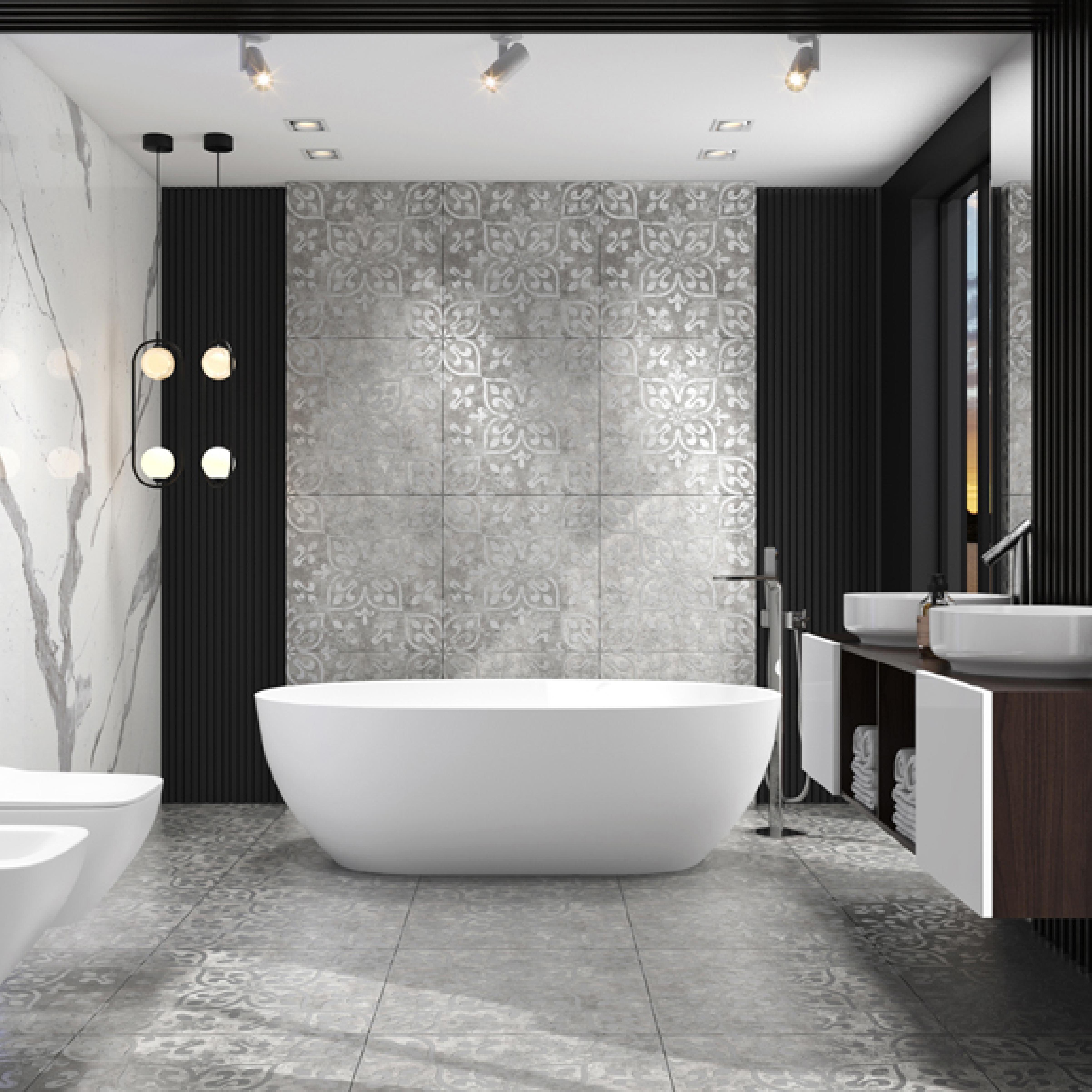 600x600mm Grey - White Patterned Ceramic Tiles for Bathroom Decor TQ16 - 2CX6060 - 2115