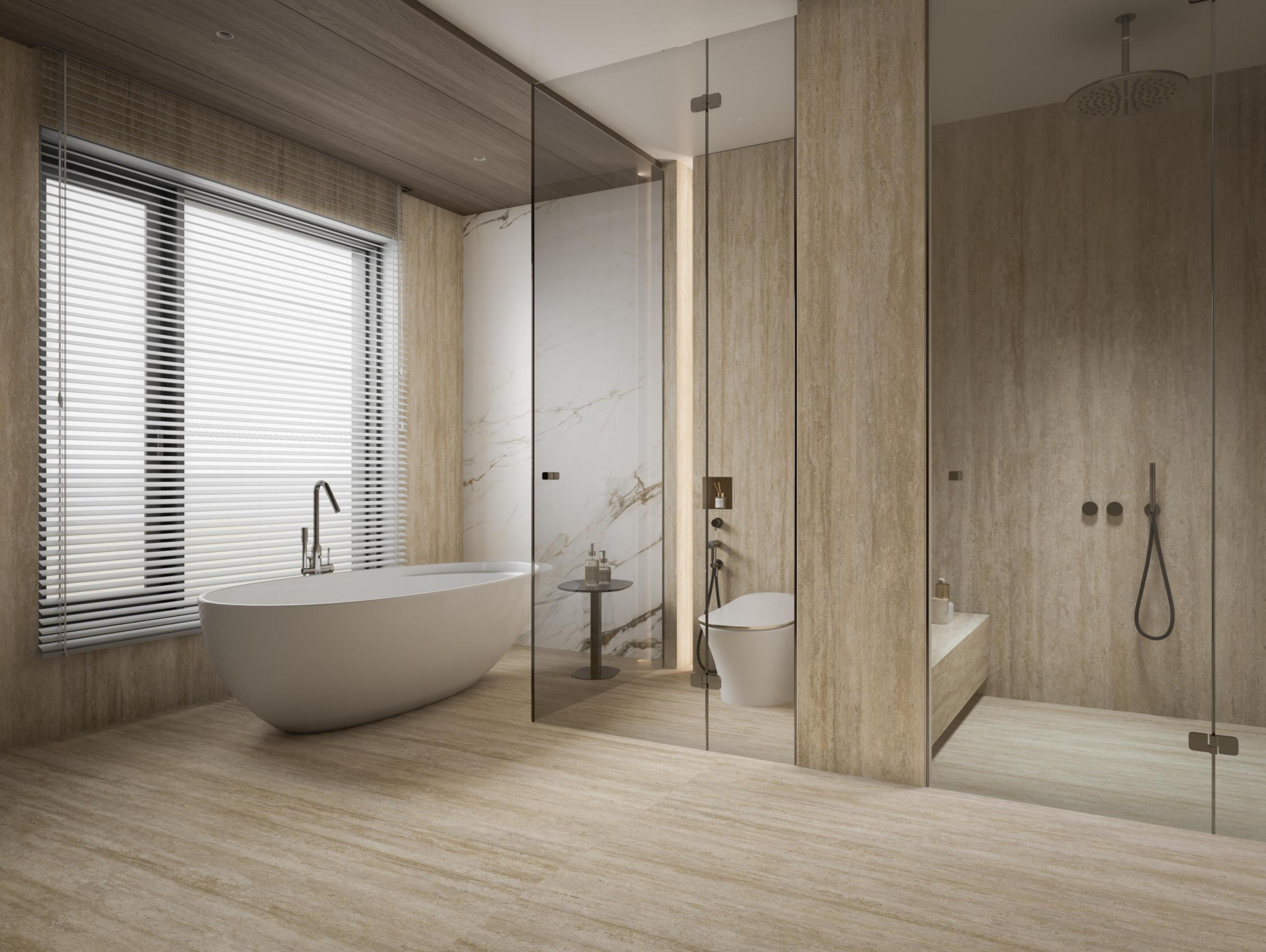 Luxury Roman Rhythm Sandy Beige Travertine Look Porcelain Slab 2700x1200x9mm TQ34-K2712V8606YSR